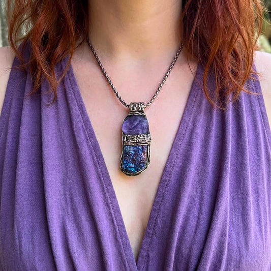 Large Peacock Ore Amethyst Pendant - Raw Purple Blue Gemstone Statement Necklace