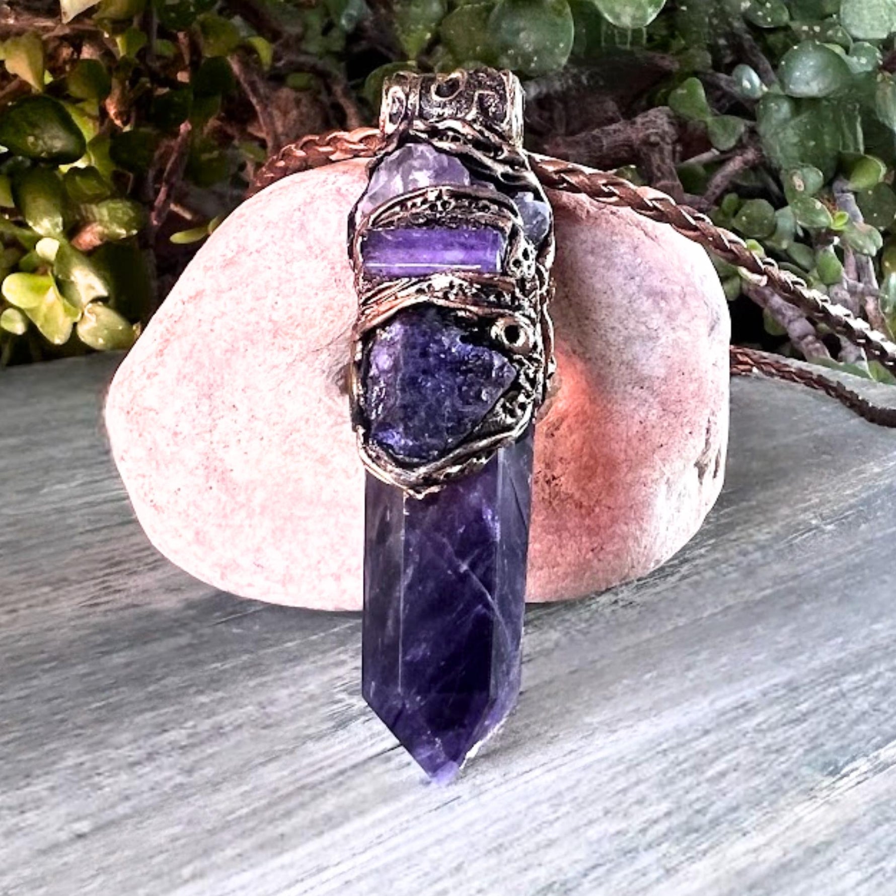 Amethyst and Tanzanite Pendant Necklace -  Spiritual Healing Crystal Amulet