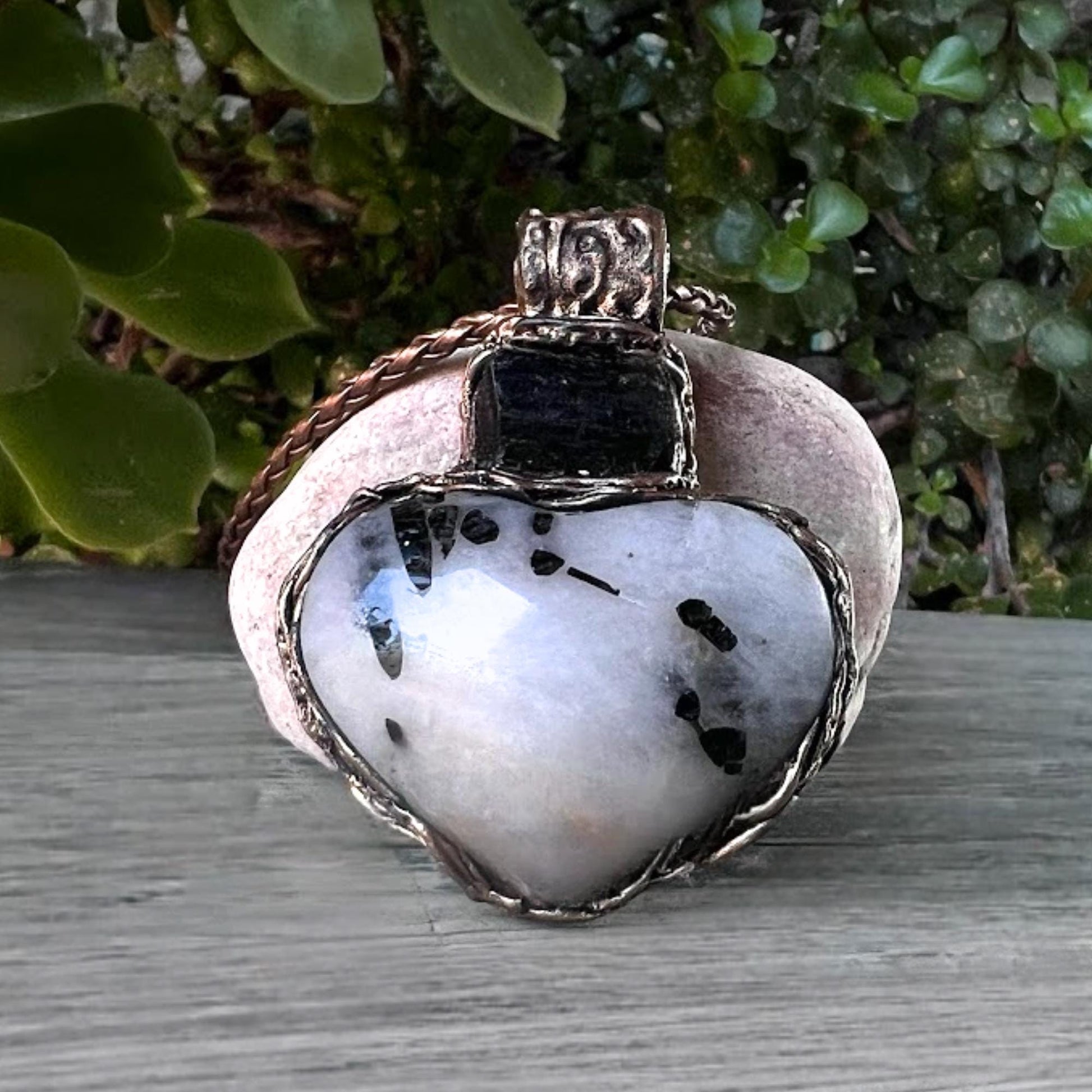 Moonstone and Tourmaline Heart Necklace  Large Statement Pendant -  Empath Protection Crystal Amulet