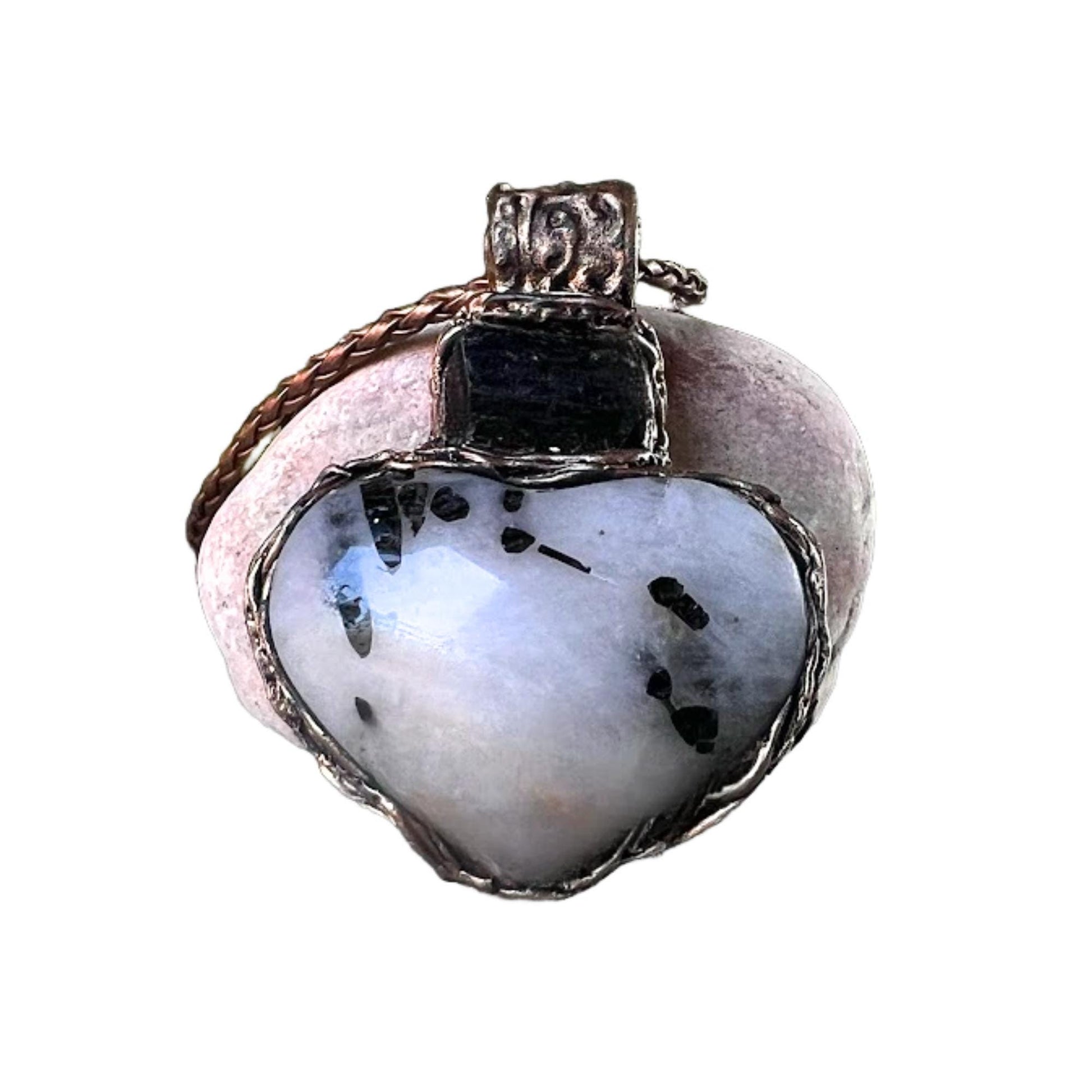 Moonstone and Tourmaline Heart Necklace  Large Statement Pendant -  Empath Protection Crystal Amulet