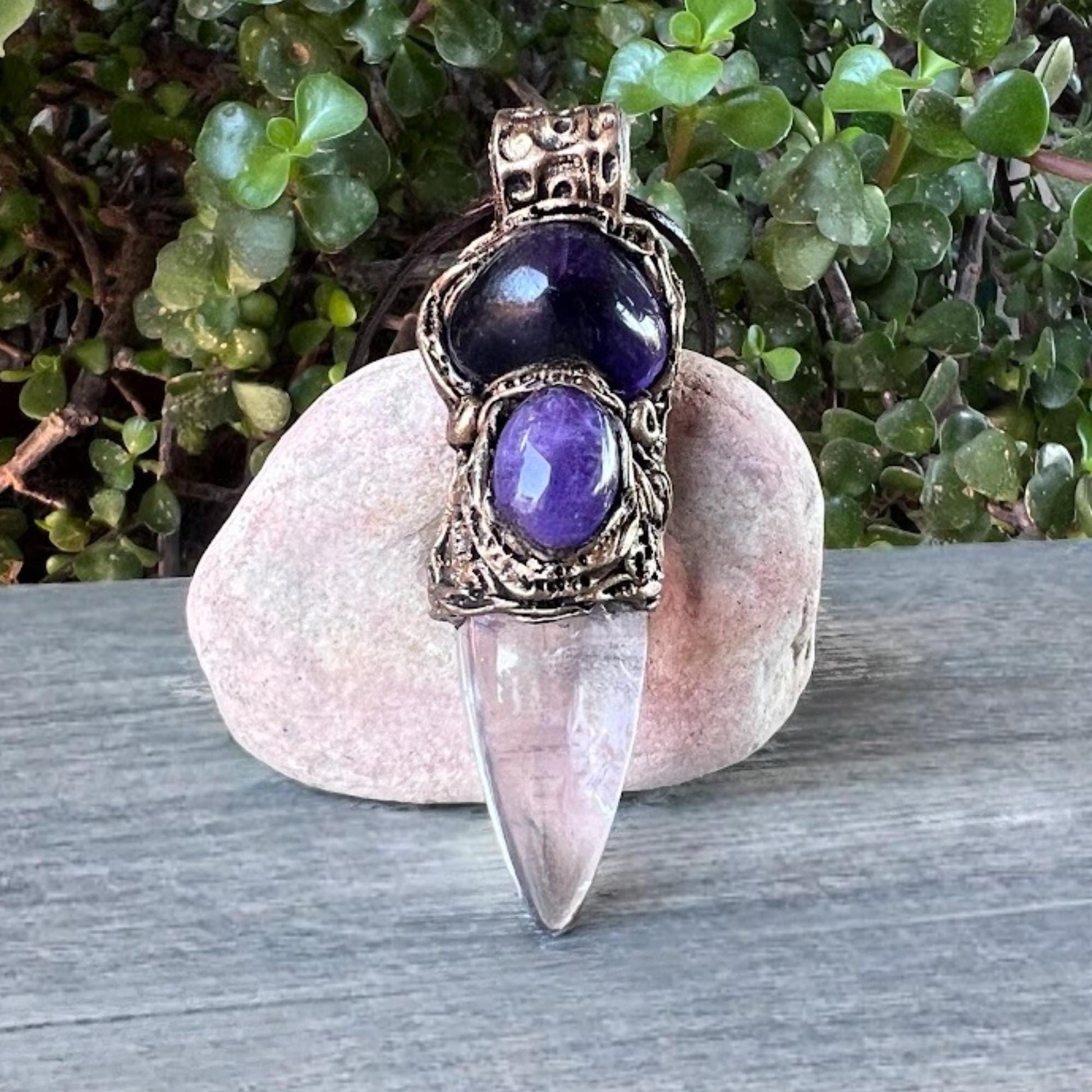 Clear Quartz and Amethyst Pendant Necklace -  Empath Protection Crystal Amulet
