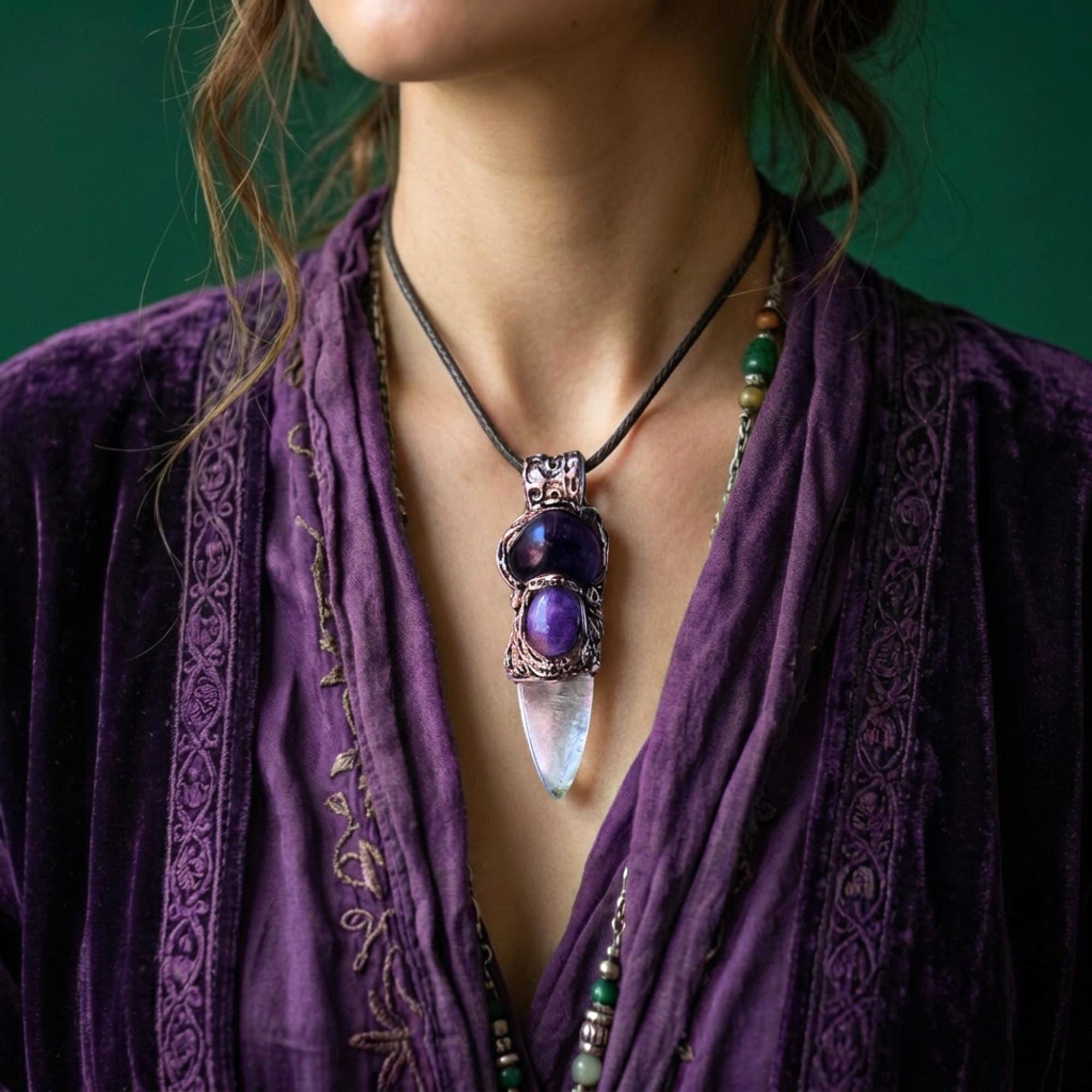Clear Quartz and Amethyst Pendant Necklace -  Empath Protection Crystal Amulet