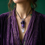 Clear Quartz and Amethyst Pendant Necklace -  Empath Protection Crystal Amulet