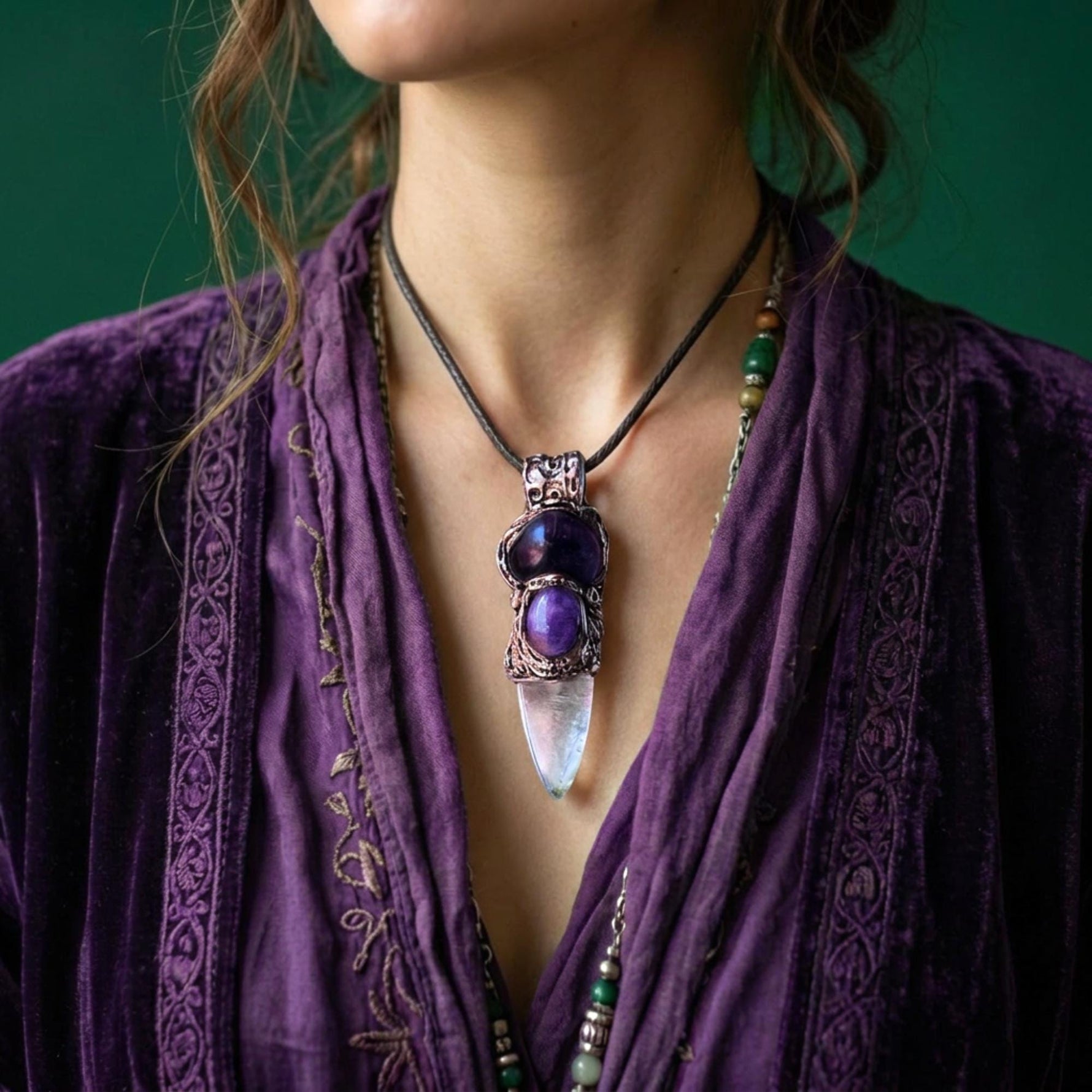Clear Quartz and Amethyst Pendant Necklace -  Empath Protection Crystal Amulet