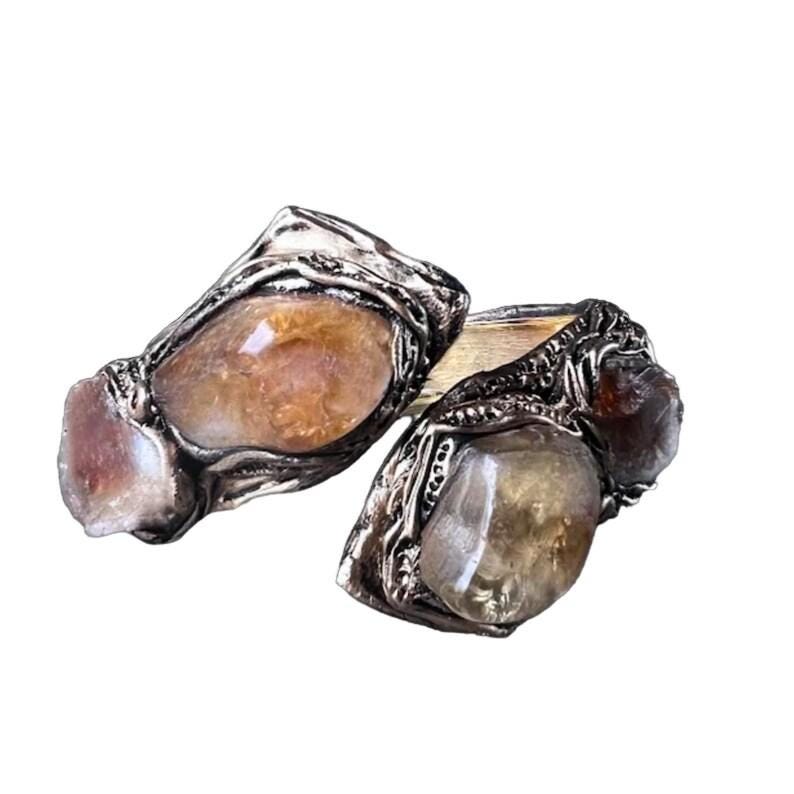 Citrine Pyrite and Sunstone Raw Crystal Wealth Ring Lucky Ring