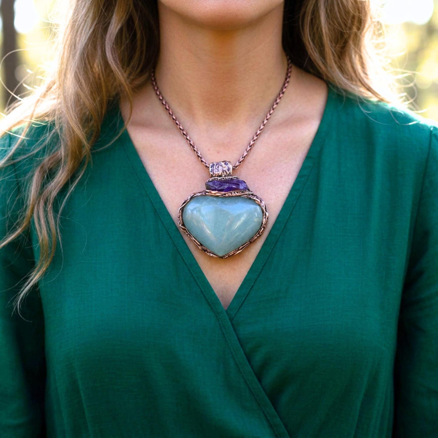 Green Aventurine Amethyst Pendant Necklace -  Large Heart Crystal Amulet