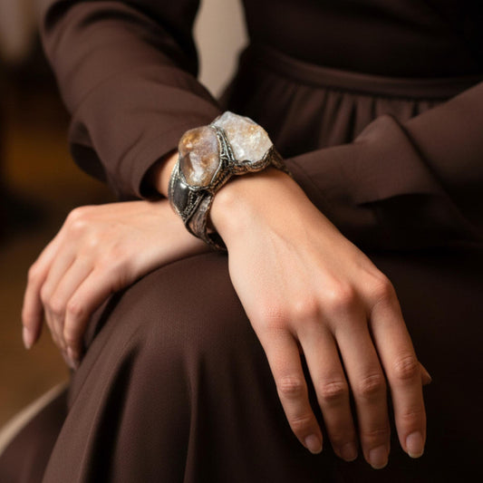 Citrine Wide Cuff Bracelet - Unique Chunky Crystal Jewelry