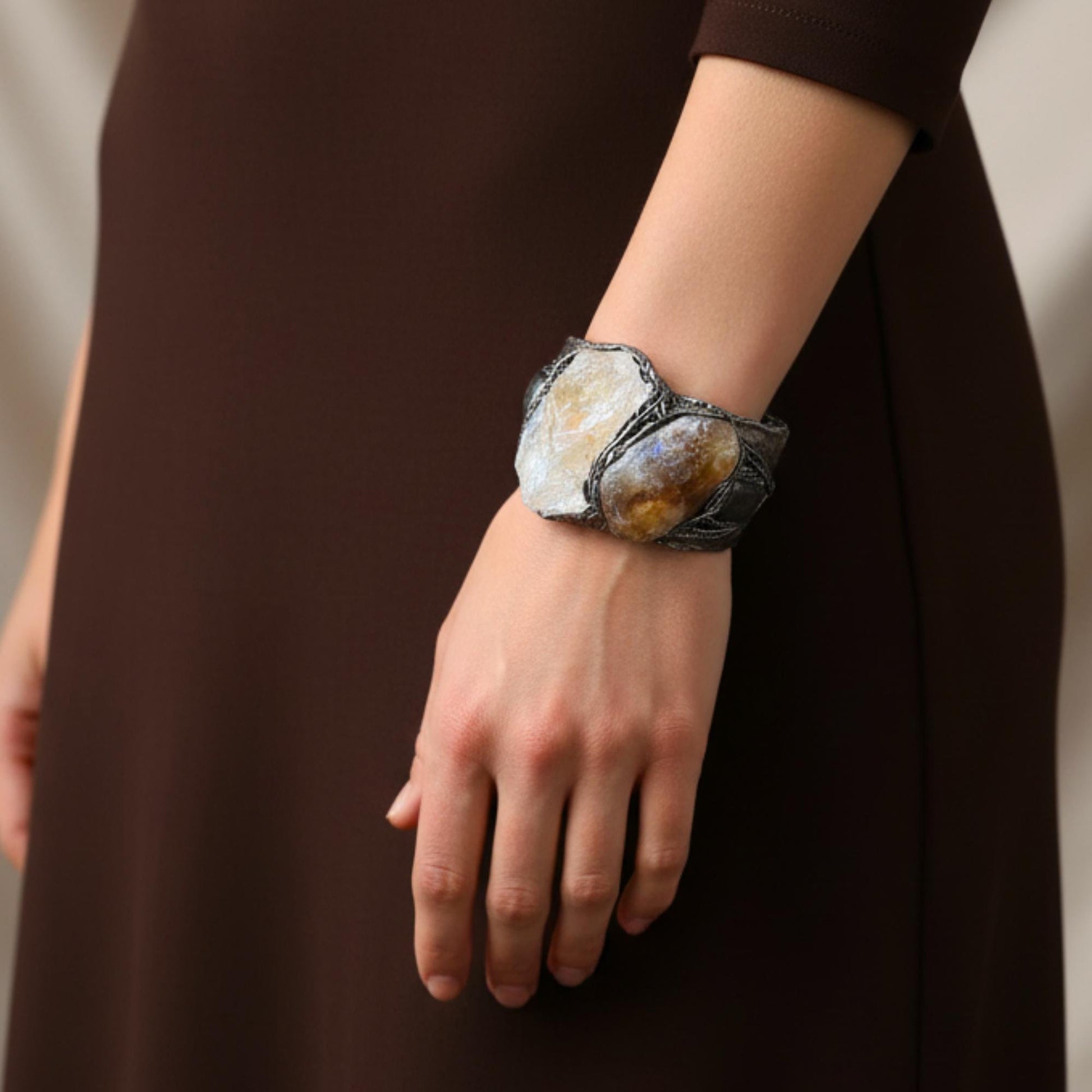 Citrine Wide Cuff Bracelet - Unique Chunky Crystal Jewelry