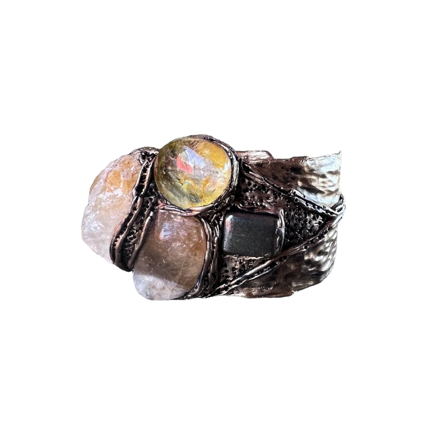 Citrine Crystal Chunky Cuff Bracelet with Pyrite and Sunstone - Statement Gemstone Jewelry