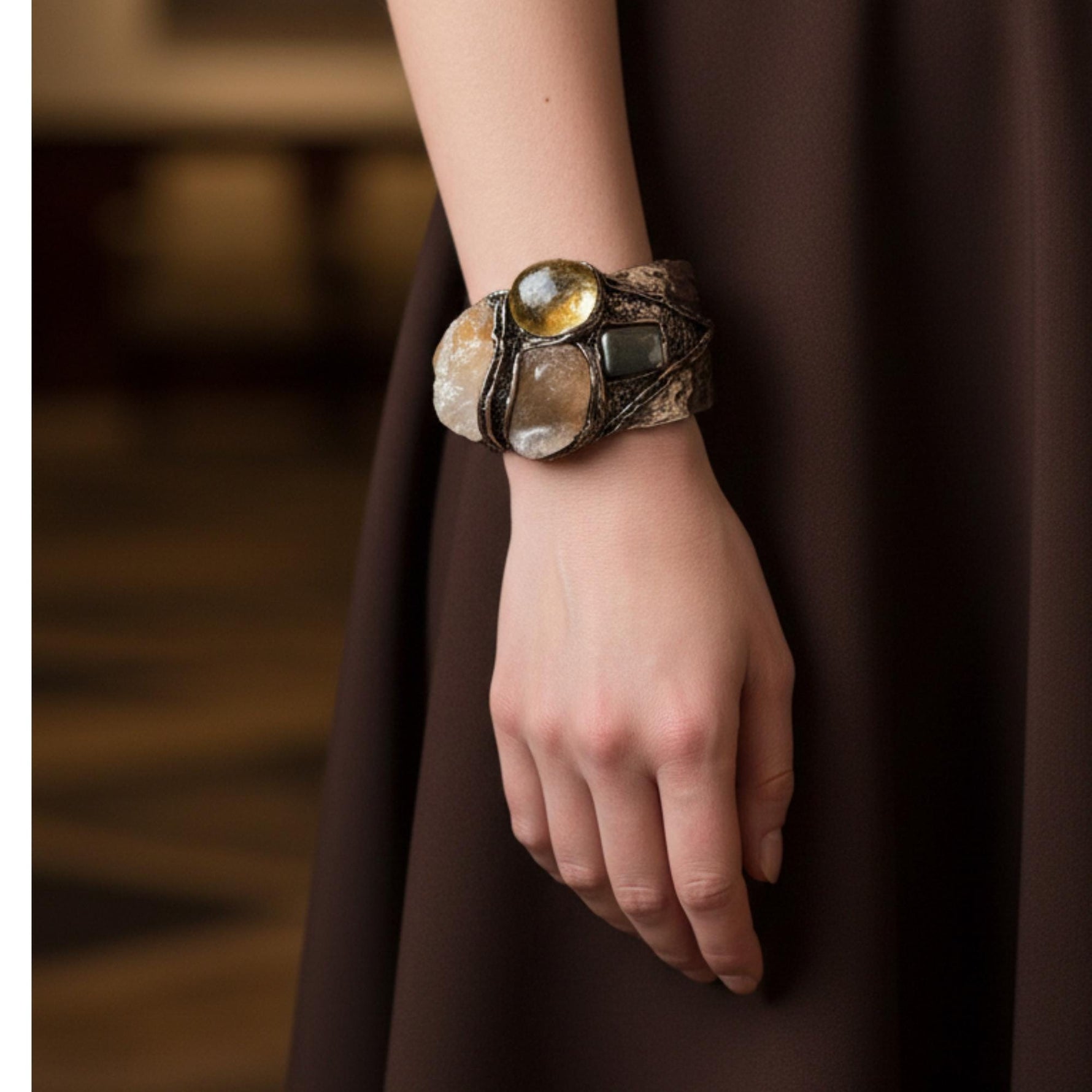 Citrine Crystal Chunky Cuff Bracelet with Pyrite and Sunstone - Statement Gemstone Jewelry