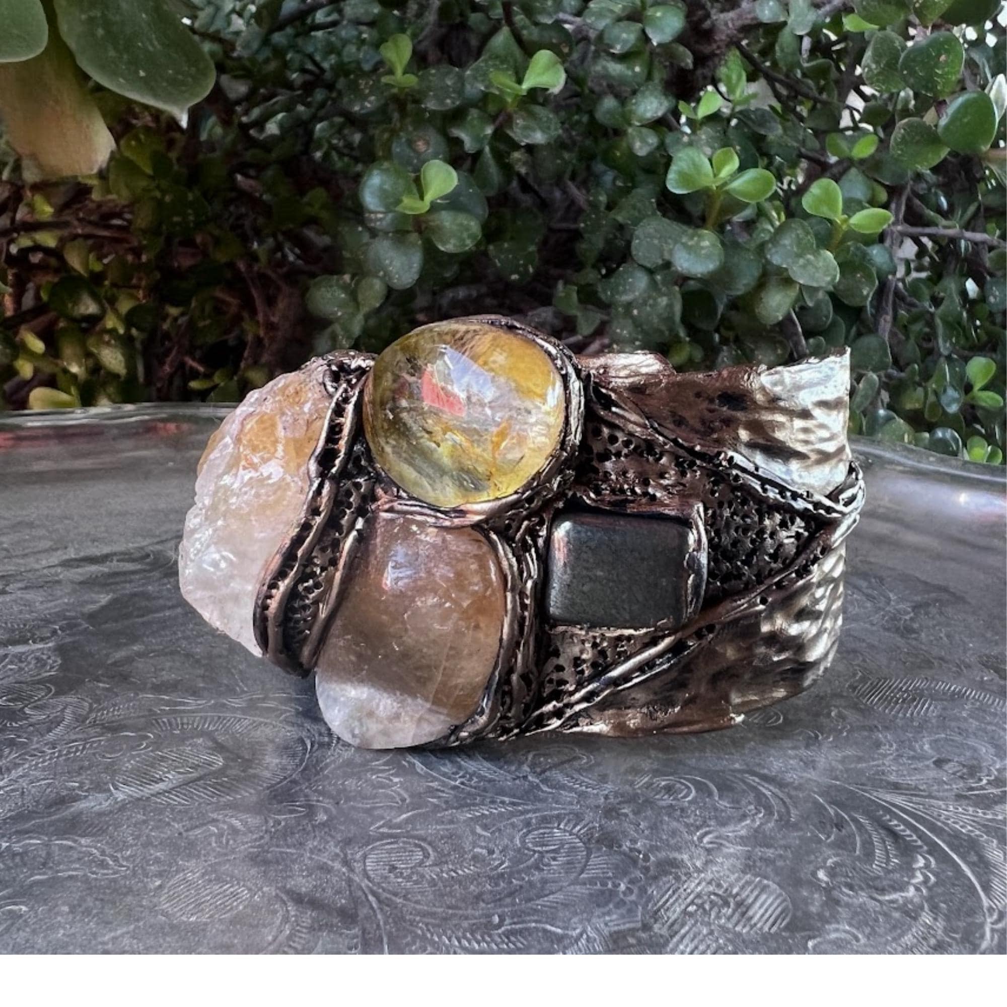 Citrine Crystal Chunky Cuff Bracelet with Pyrite and Sunstone - Statement Gemstone Jewelry