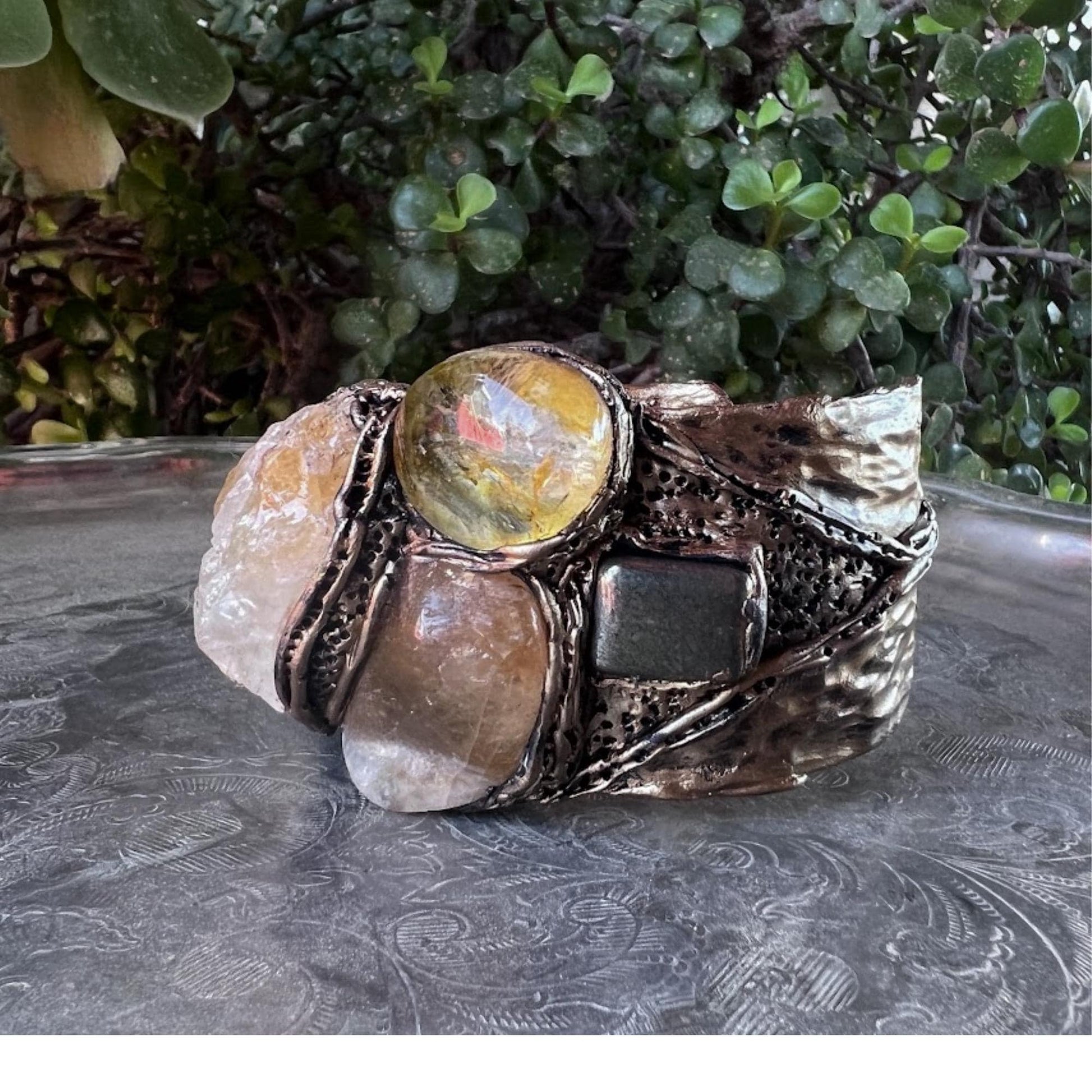 Citrine Crystal Chunky Cuff Bracelet with Pyrite and Sunstone - Statement Gemstone Jewelry