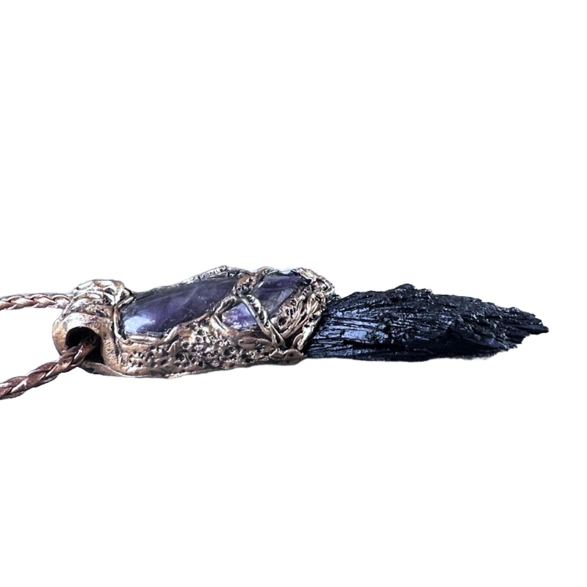 Protection Raw Crystal Amulet Pendant Necklace with Black Kyanite and Amethyst spiritual gifts