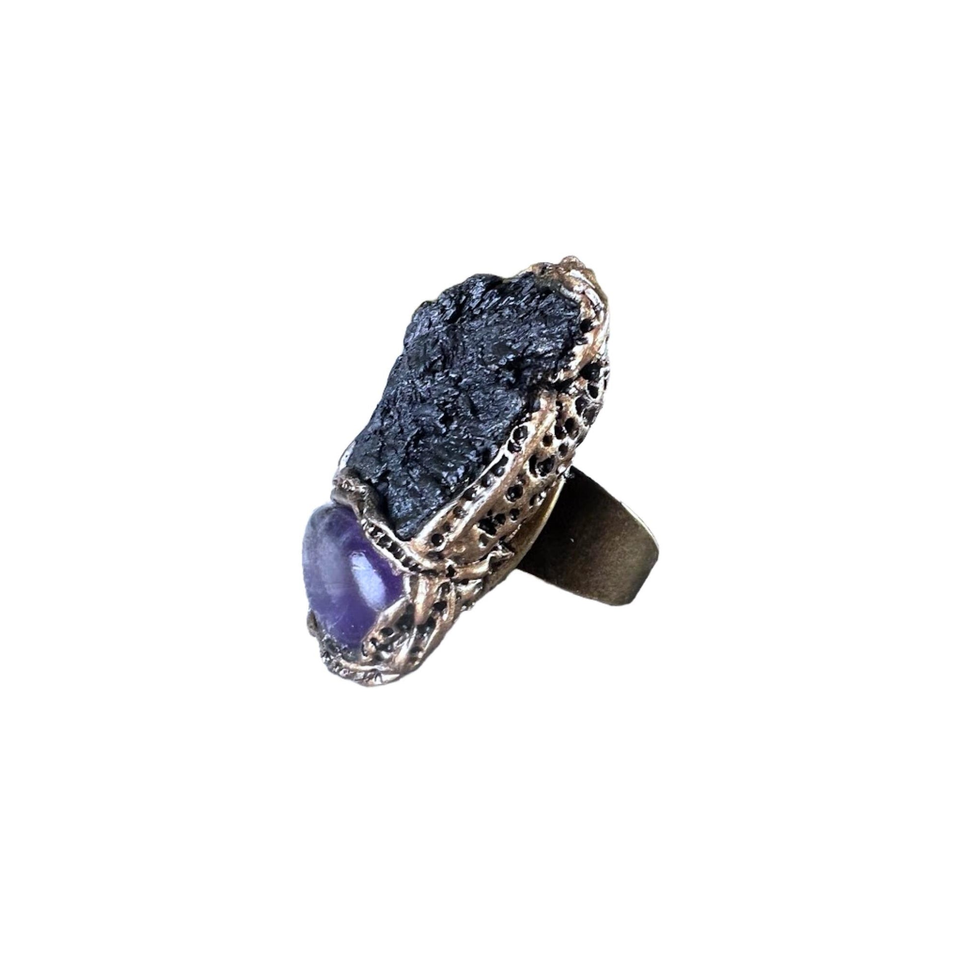 Bold Chunky Black Kyanite and Amethyst Ring -  Extravagant Unique Statement Jewelry
