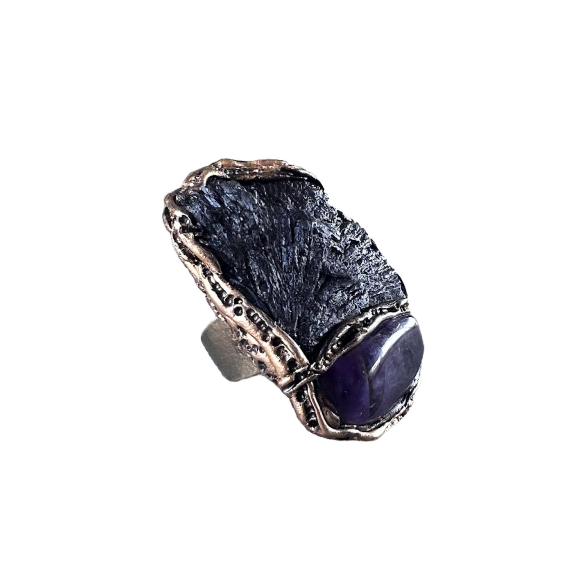 Bold Chunky Black Kyanite and Amethyst Ring -  Extravagant Unique Statement Jewelry