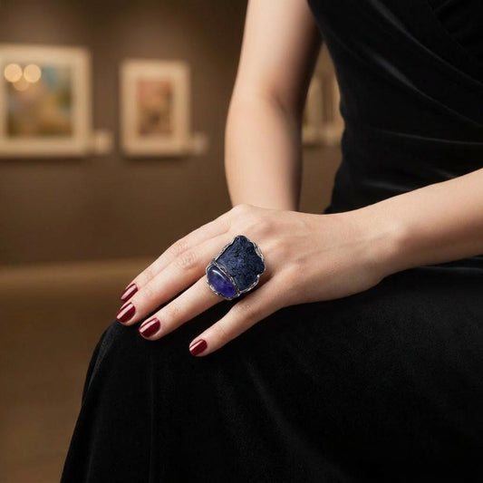 Bold Chunky Black Kyanite and Amethyst Ring -  Extravagant Unique Statement Jewelry