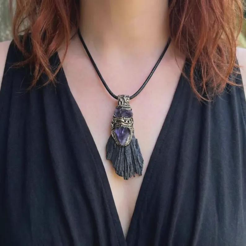 Bold Chunky Black Kyanite and Amethyst Ring -  Extravagant Unique Statement Jewelry