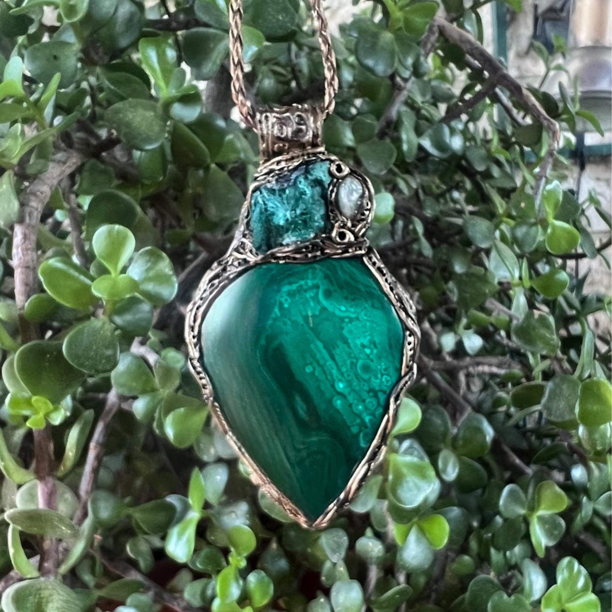 Malachite Chunky Pendant Necklace: Corduroy and Teardrop Amulet