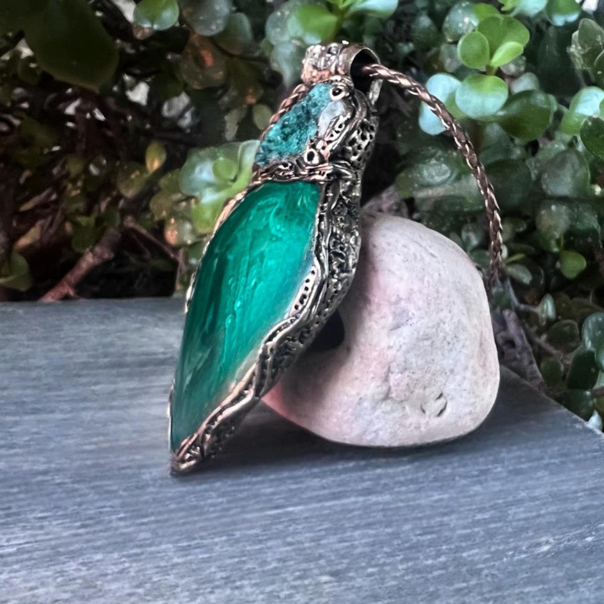 Malachite Chunky Pendant Necklace: Corduroy and Teardrop Amulet