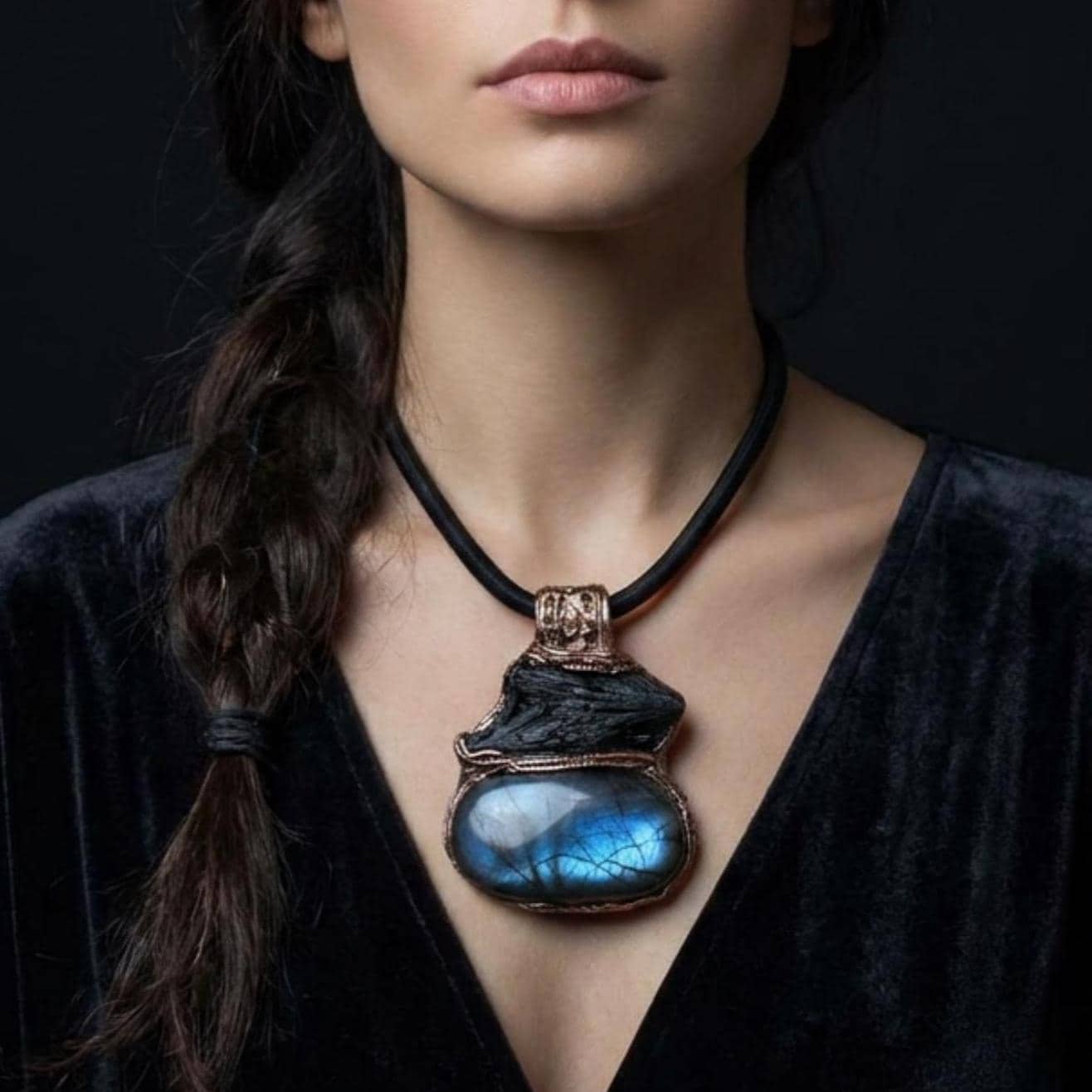 Labradorite and Black Kyanite Choker Necklace -  Large Stone Protection Amulet