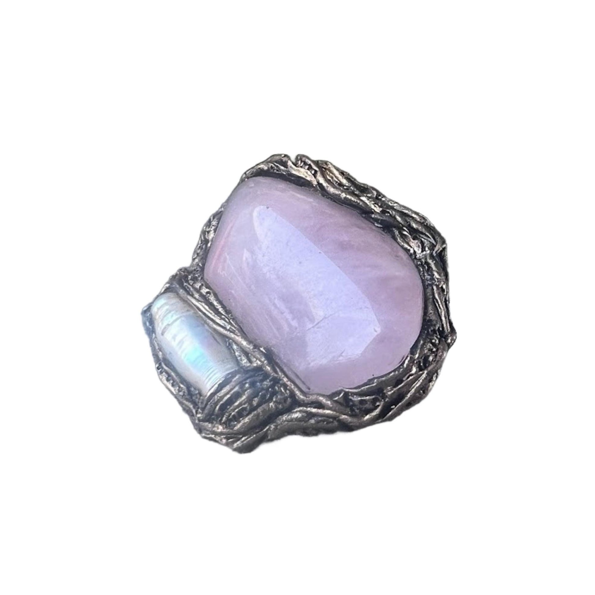 Rose Quartz and Pearl Statement Ring -  Chunky Pink Stone Cocktail Ring