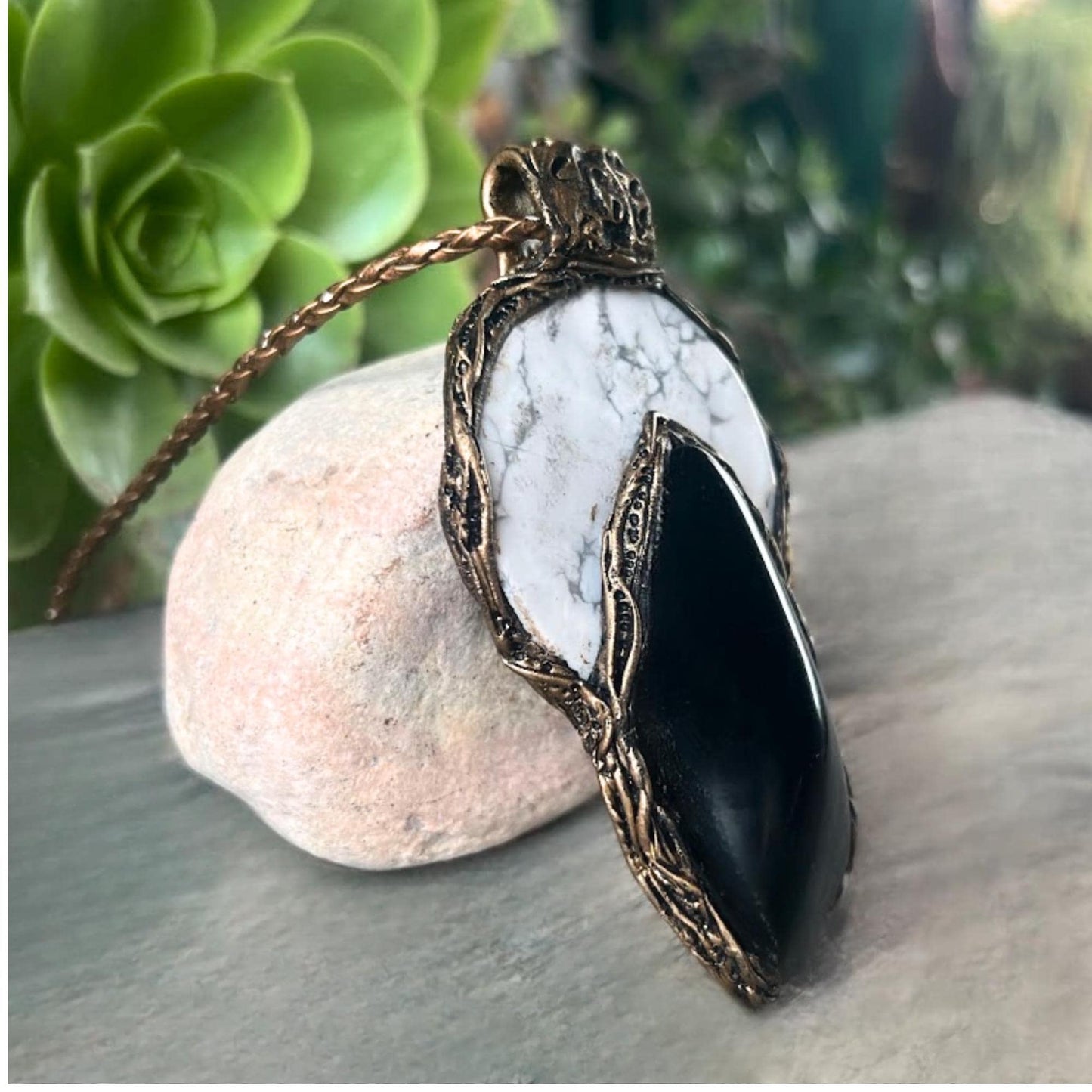 Black and White Hawk’s Eye Howlite Pendant Necklace -  Large Stone Statement Amulet