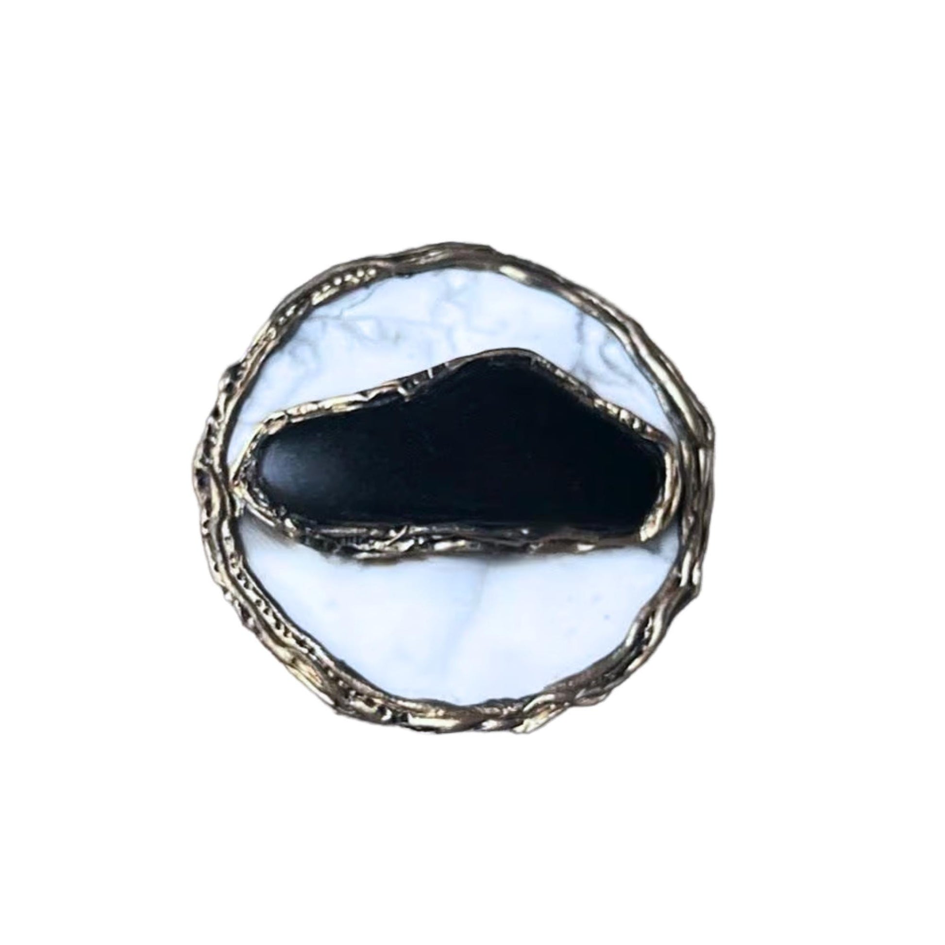 Chunky Black White Round Ring with Hawk's Eye and Howlite Stone