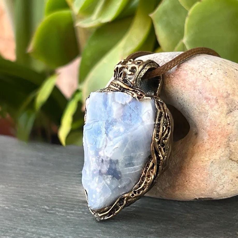 Raw Blue Calcite Crystal Pendant Necklace - Healing Stone Jewelry