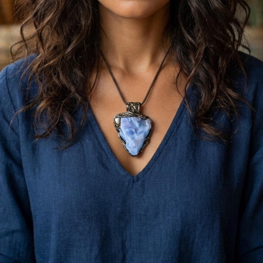 Raw Blue Calcite Crystal Pendant Necklace - Healing Stone Jewelry