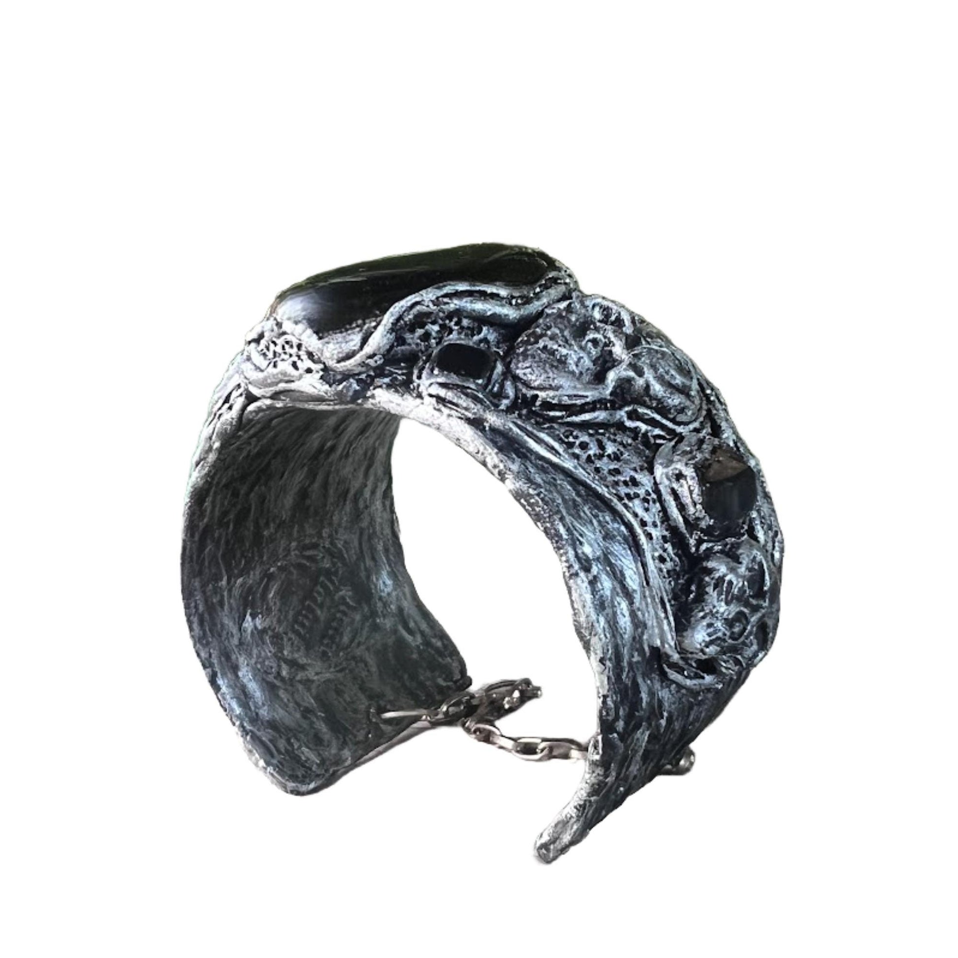 Gothic Skull Wide Cuff Onyx Bracelet -  Unique Gothic Wedding Jewelry
