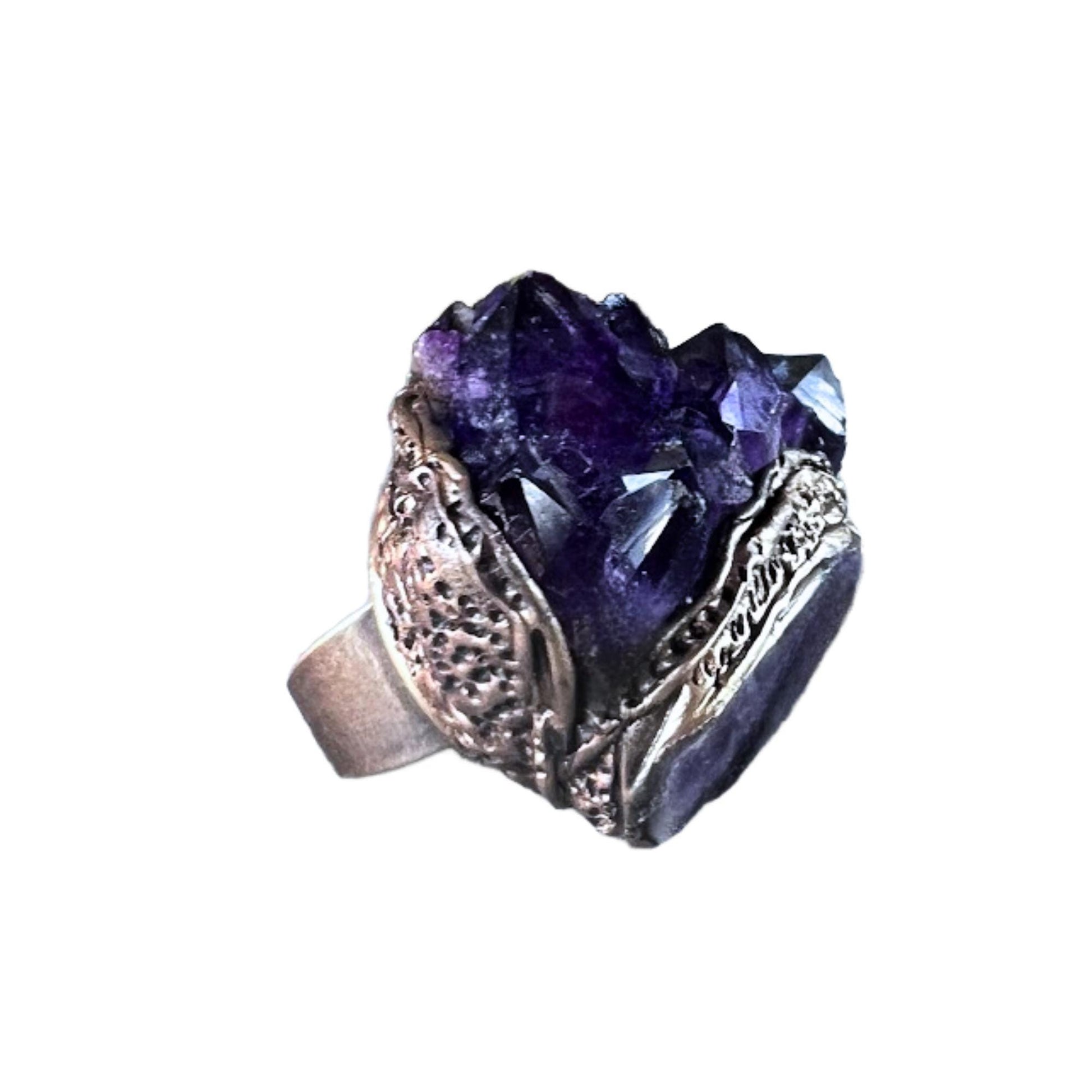 Raw Amethyst druzy cluster geode ring large stone cocktail ring