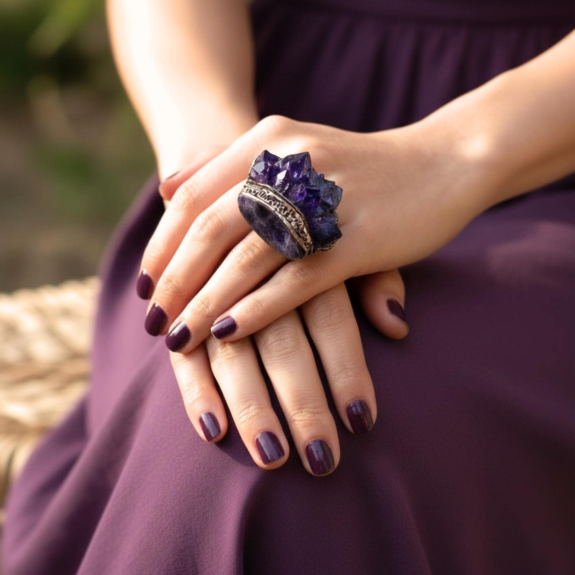 Raw Amethyst druzy cluster geode ring large stone cocktail ring