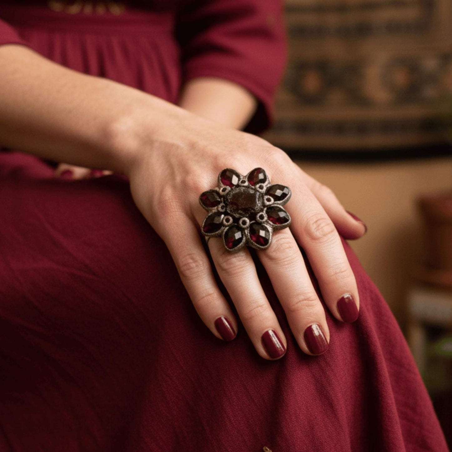 Garnet Statement Ring -  Chunky Flower Crystal Cocktail Ring