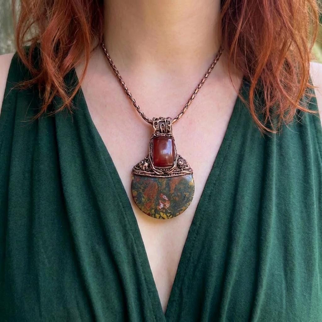 Chunky Moss Agate and Carnelian Ring -  Oversized Round Cocktail Ring