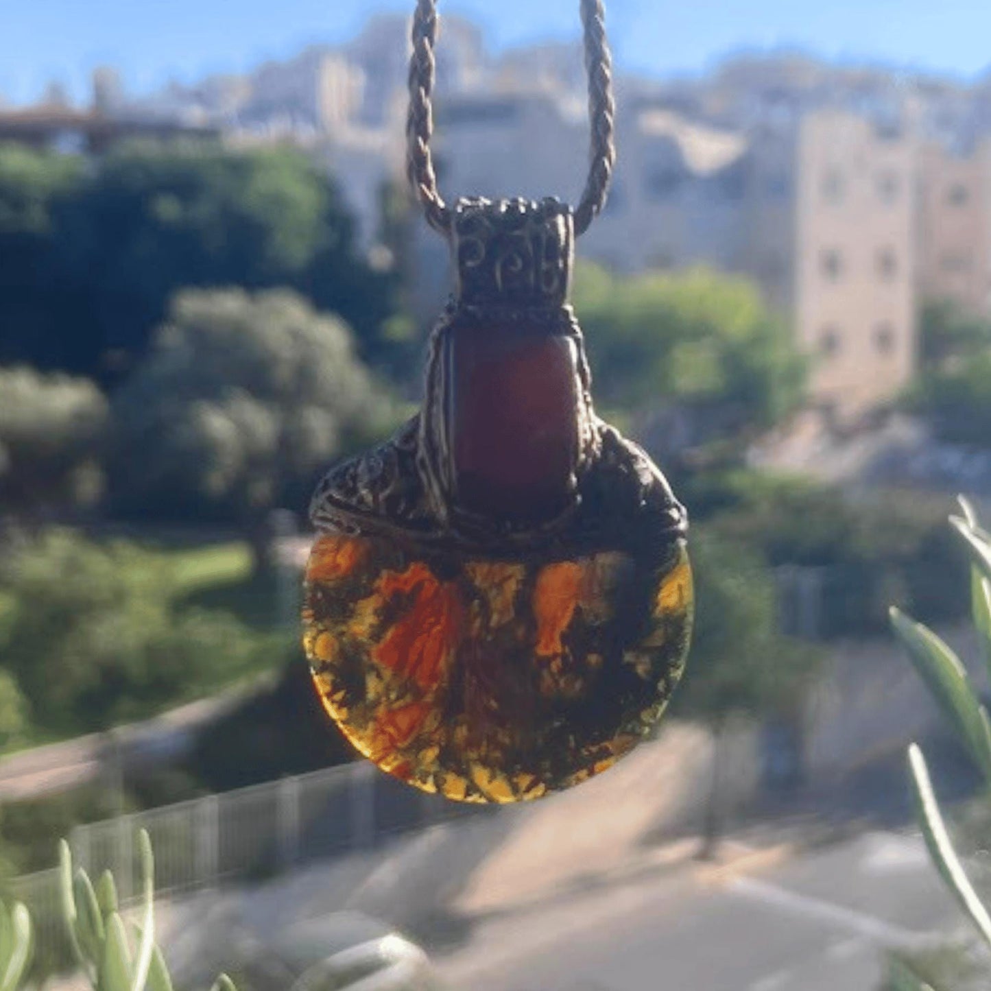 Chunky Moss Agate and Carnelian Ring -  Oversized Round Cocktail Ring