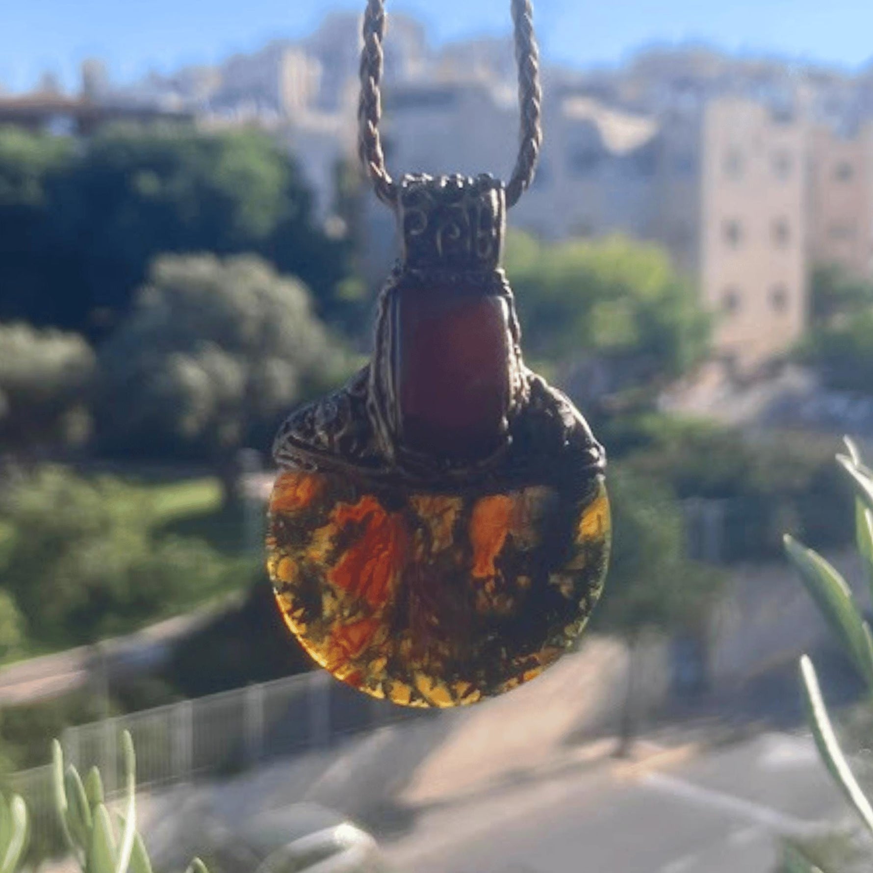 Chunky Moss Agate and Carnelian Ring -  Oversized Round Cocktail Ring