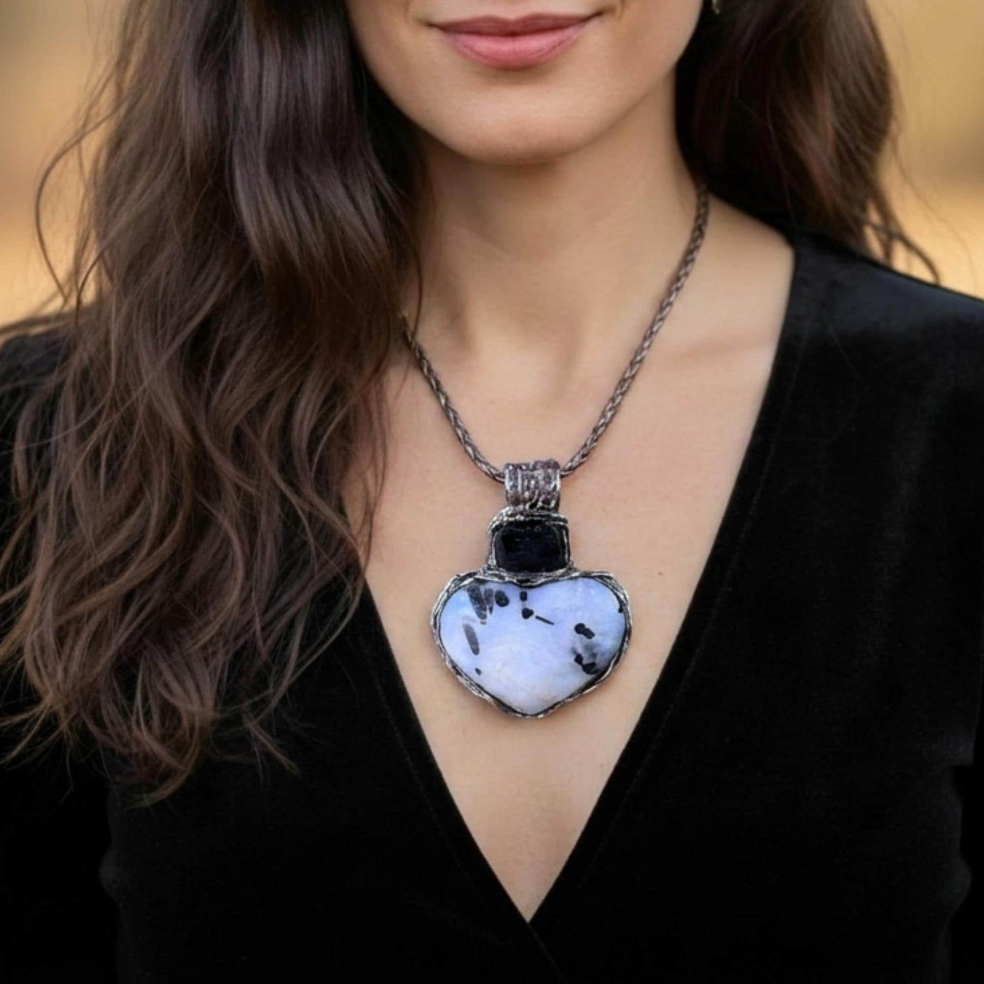 Moonstone and Tourmaline Heart Necklace  Large Statement Pendant -  Empath Protection Crystal Amulet