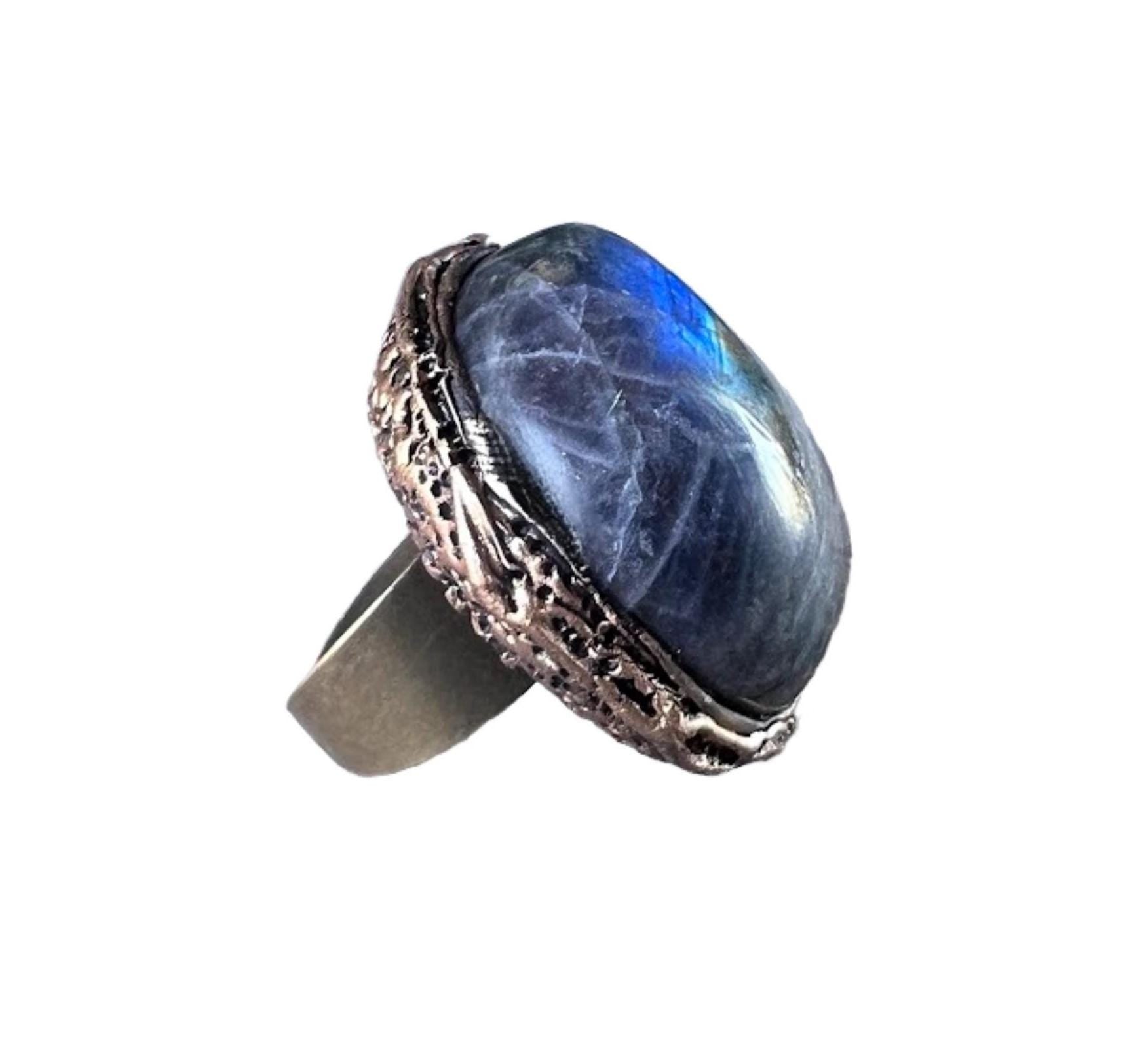 Oversized Labradorite Ring -  Chunky Rainbow Flash Statement Cocktail Ring