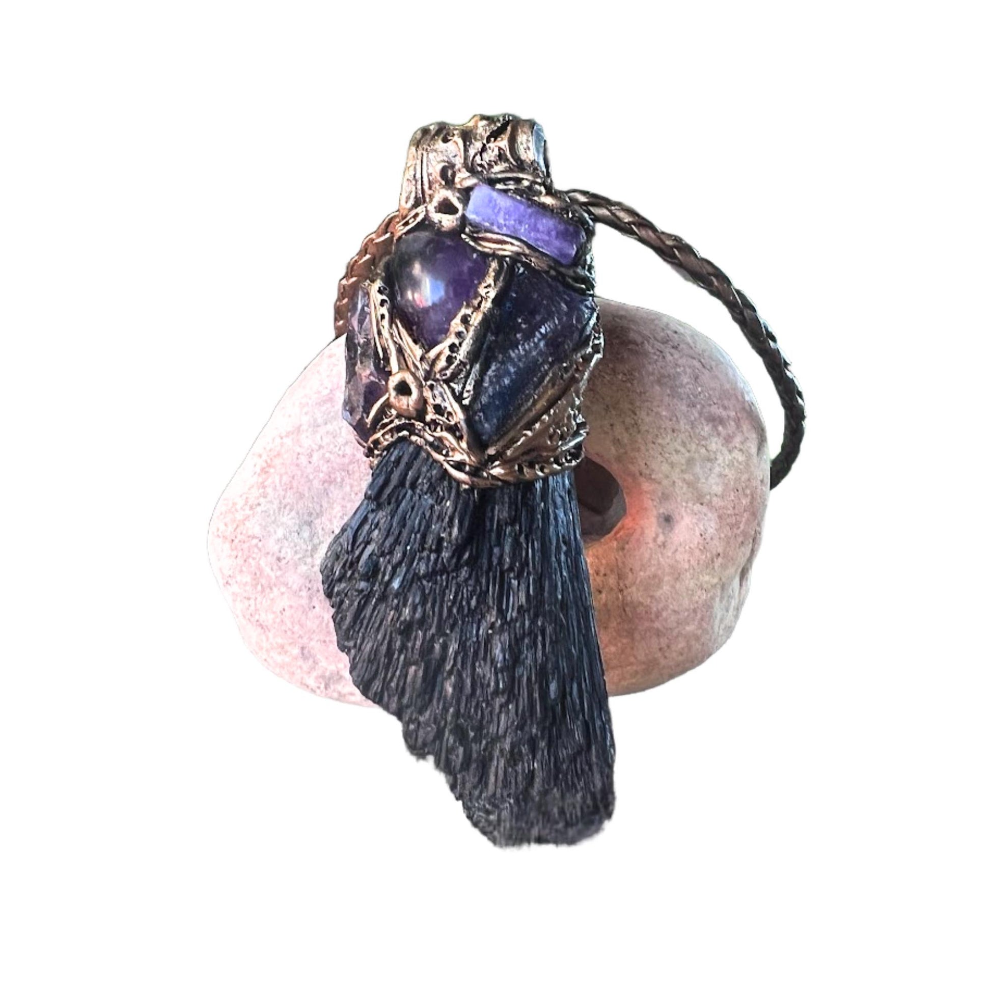 Black Kyanite and Amethyst Pendant Necklace Empath Protection Crystal Amulet