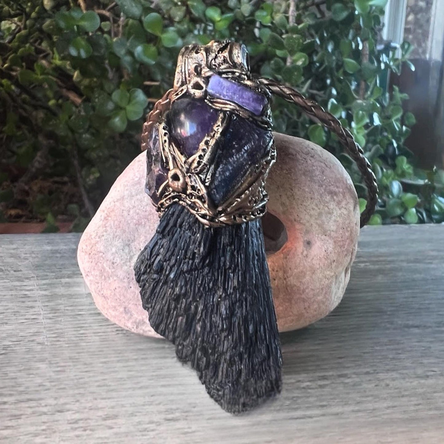 Black Kyanite and Amethyst Pendant Necklace Empath Protection Crystal Amulet