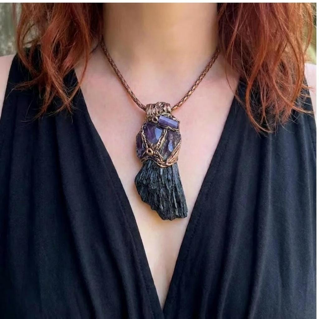 Black Kyanite and Amethyst Pendant Necklace Empath Protection Crystal Amulet