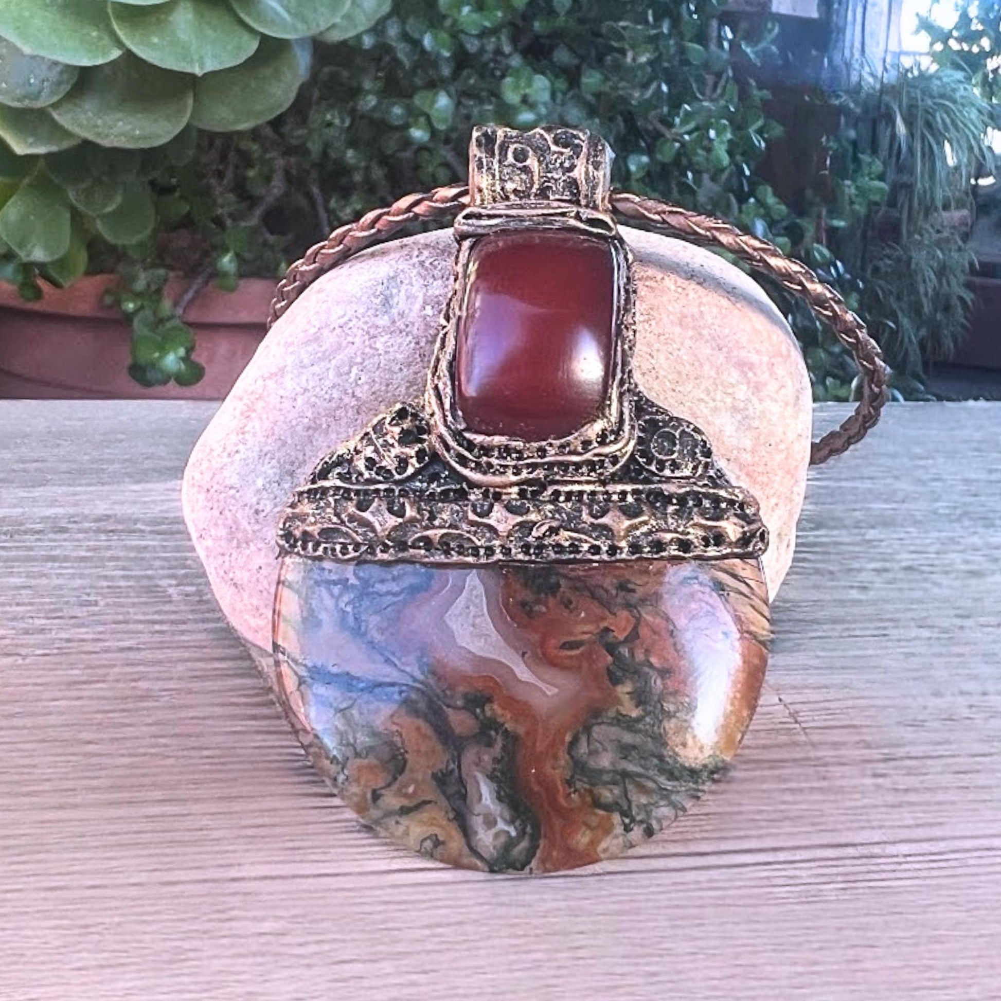 Red Moss Agate and Carnelian Pendant Necklace -  Unique Crystal Amulet