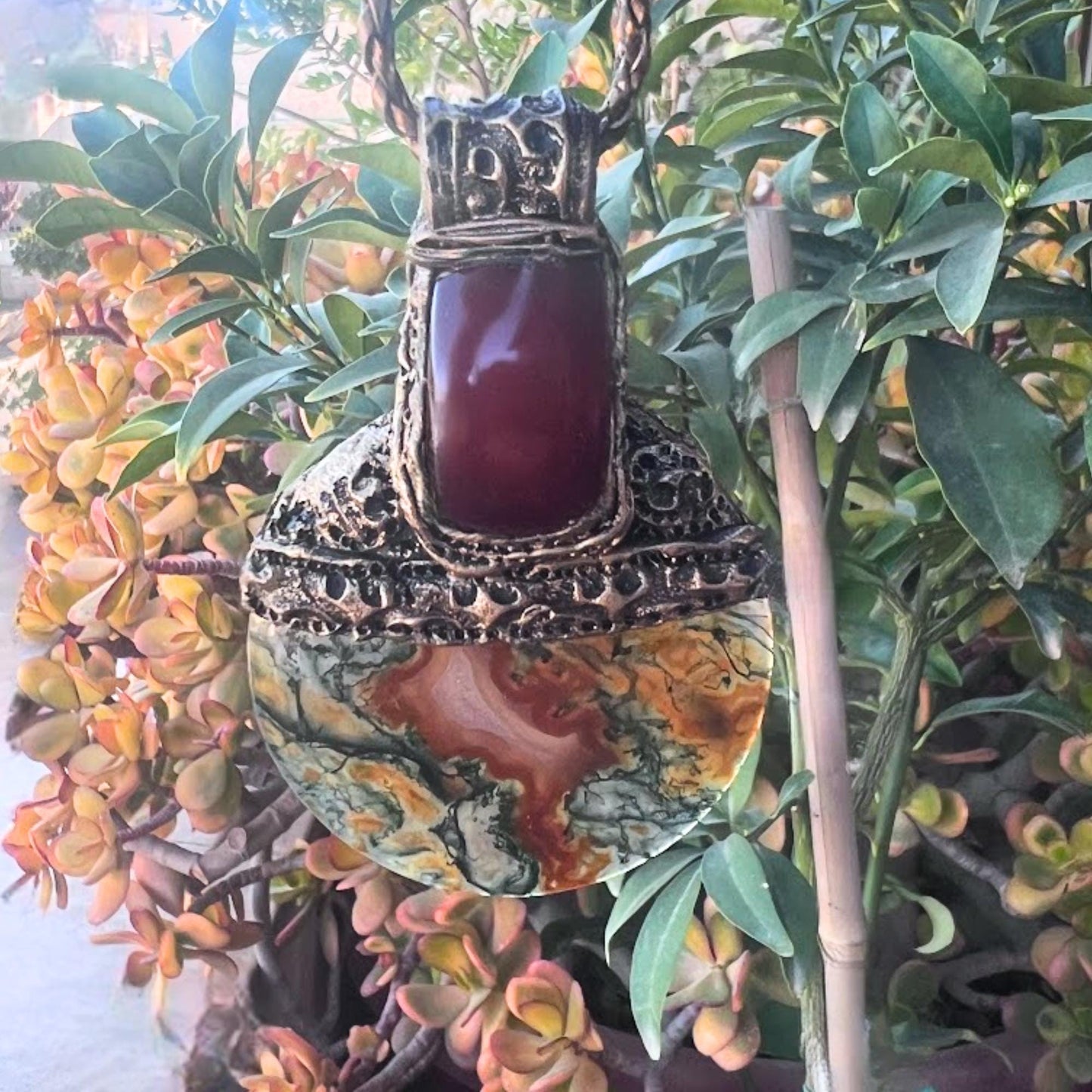 Red Moss Agate and Carnelian Pendant Necklace -  Unique Crystal Amulet