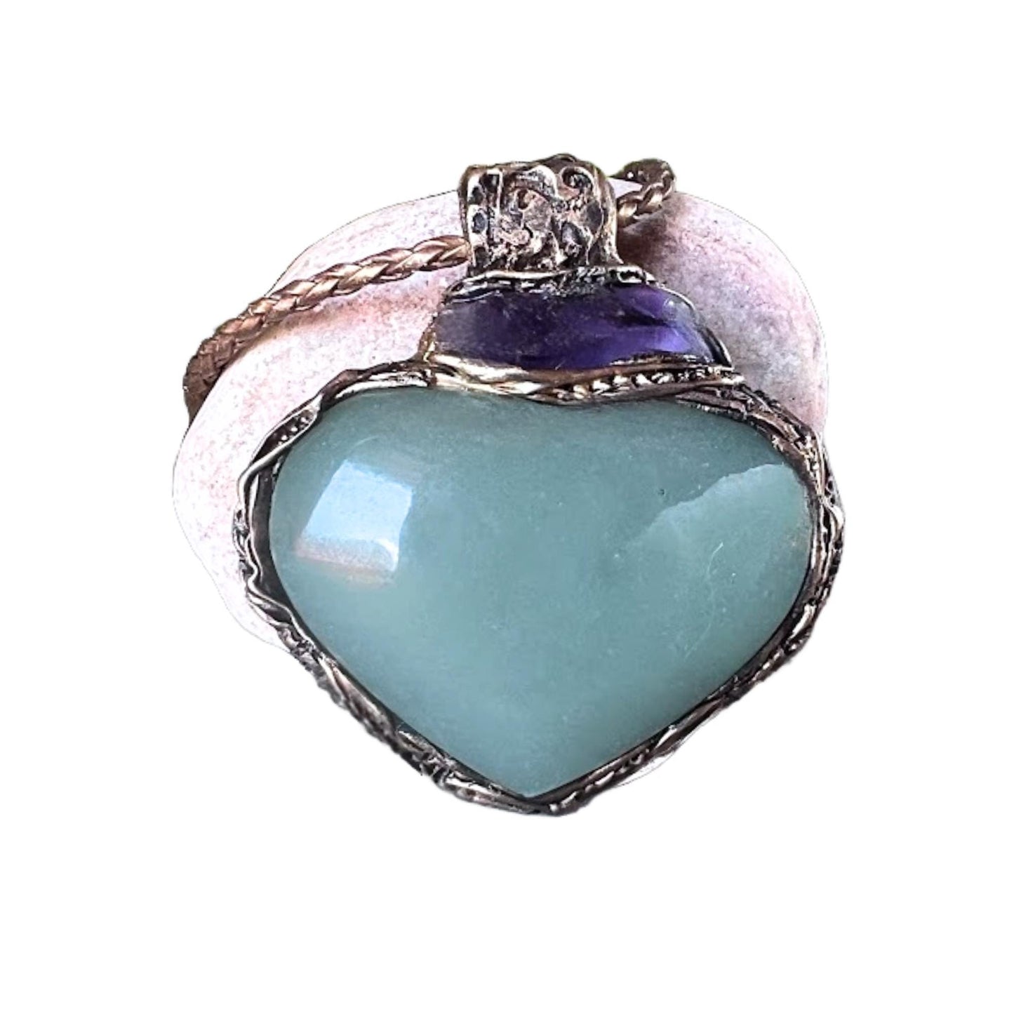 Green Aventurine Amethyst Pendant Necklace -  Large Heart Crystal Amulet
