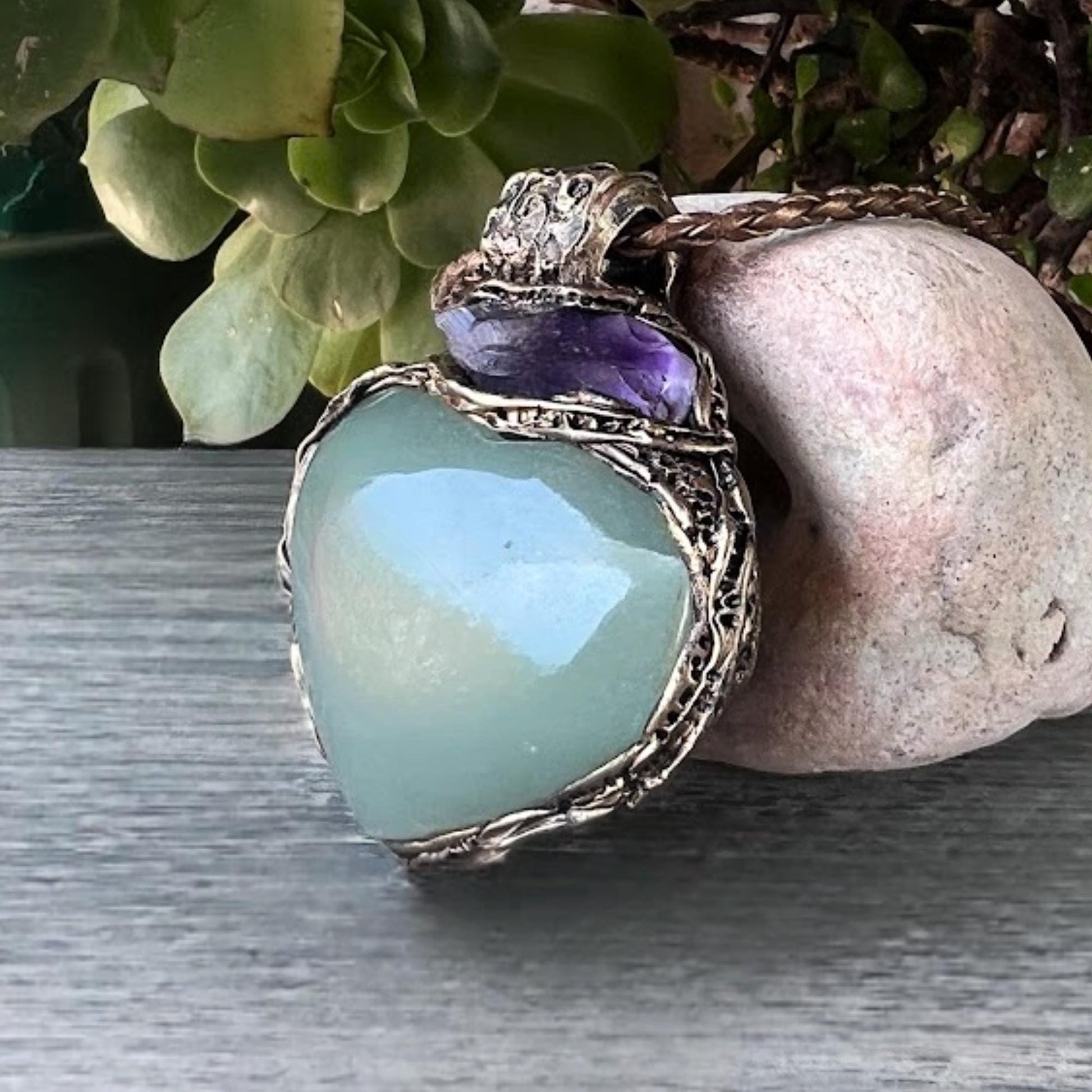 Green Aventurine Amethyst Pendant Necklace -  Large Heart Crystal Amulet