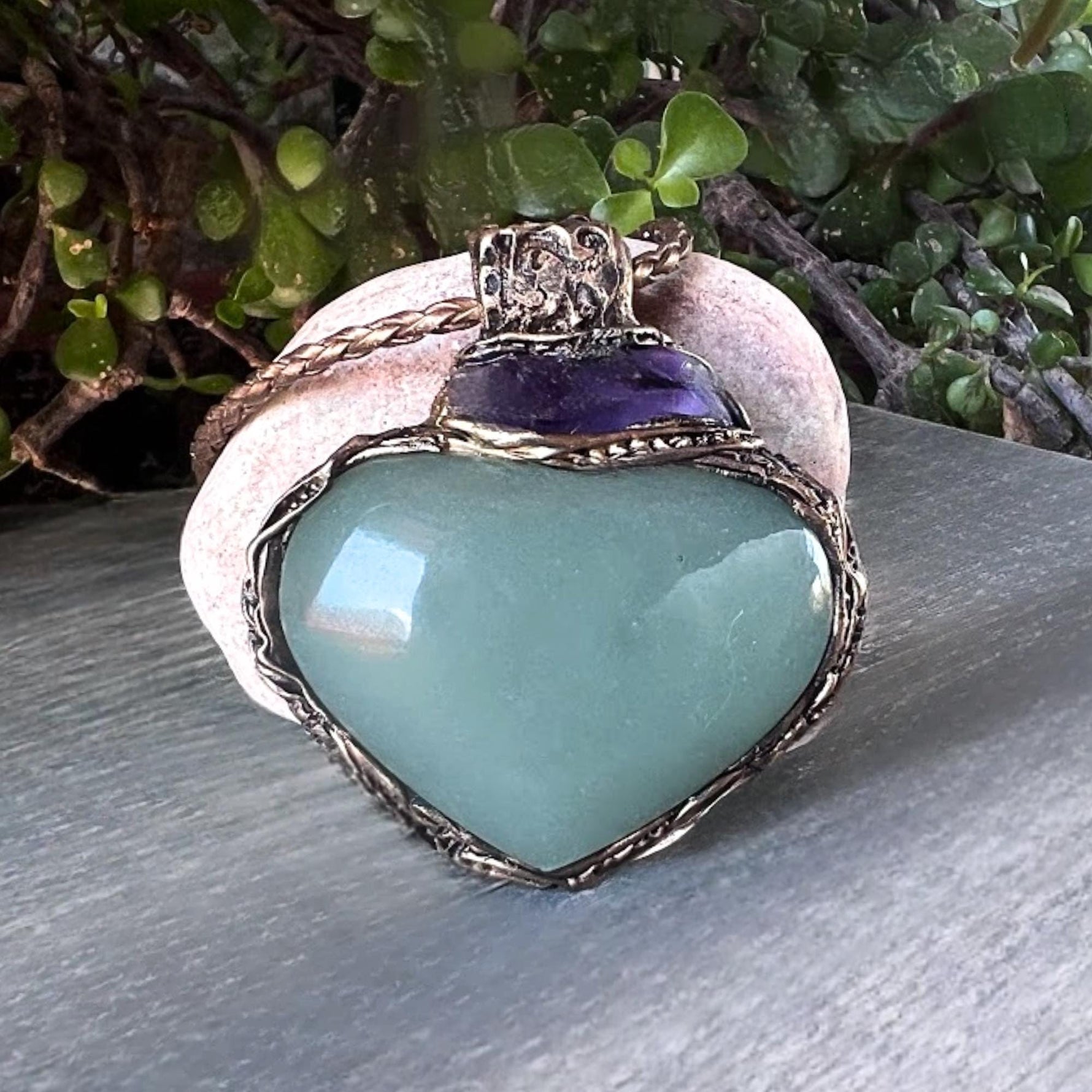 Green Aventurine Amethyst Pendant Necklace -  Large Heart Crystal Amulet