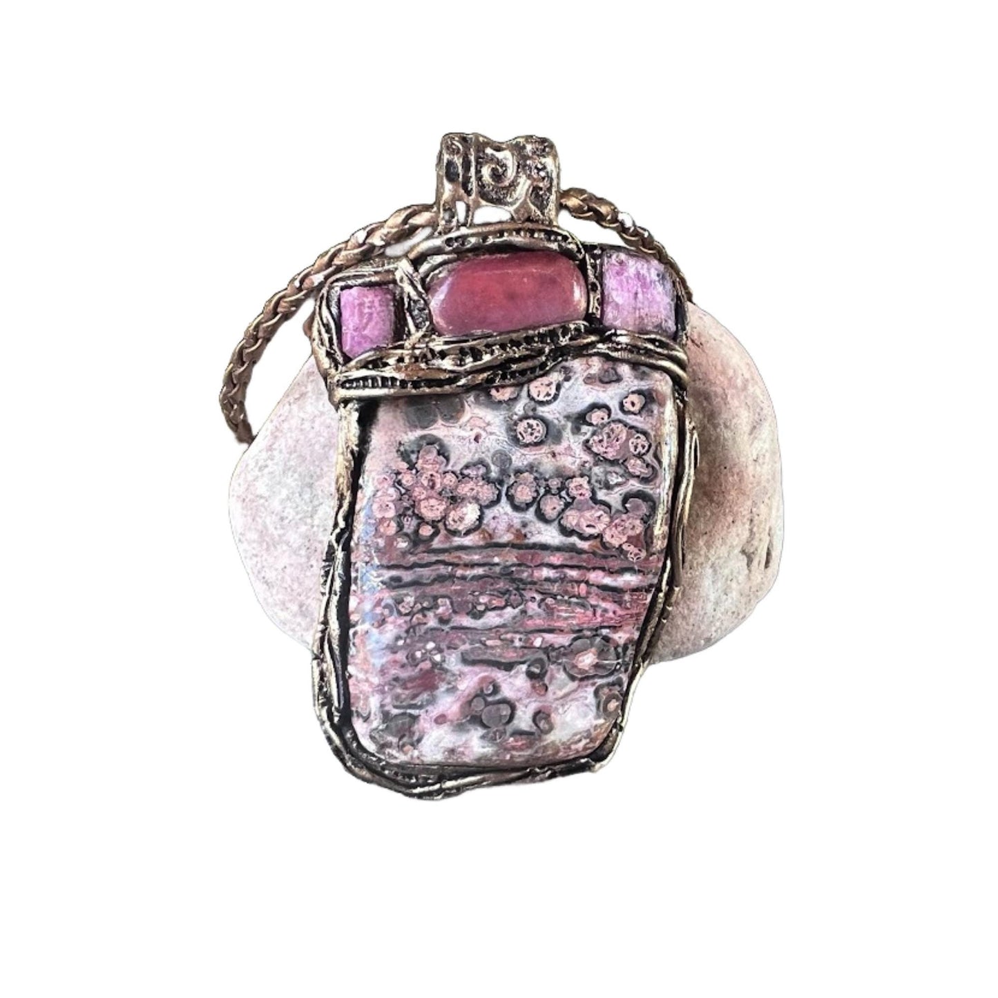 Leopard Skin Jasper Raw Ruby and Cherry Quartz Large Stone Pendant Necklace