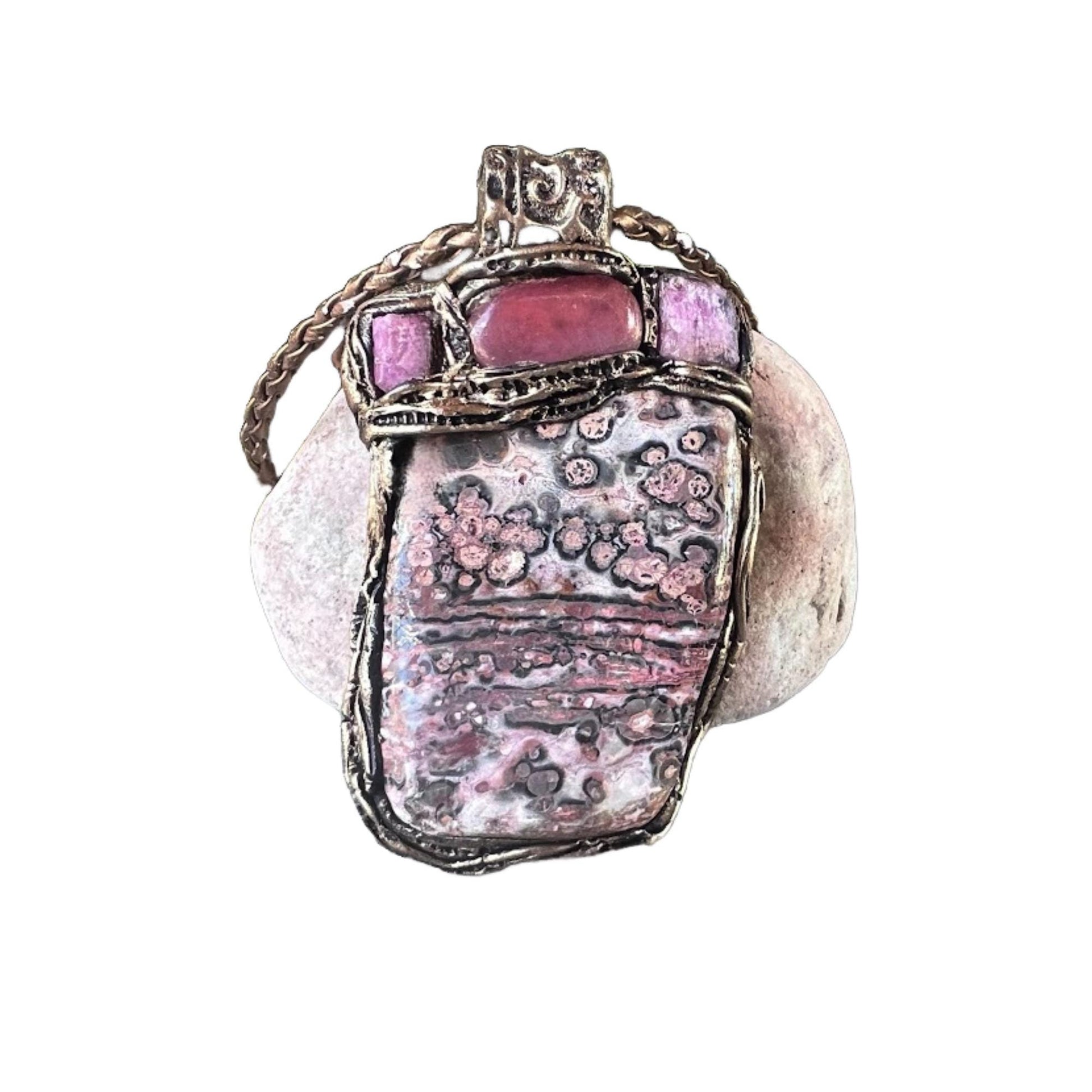 Leopard Skin Jasper Raw Ruby and Cherry Quartz Large Stone Pendant Necklace