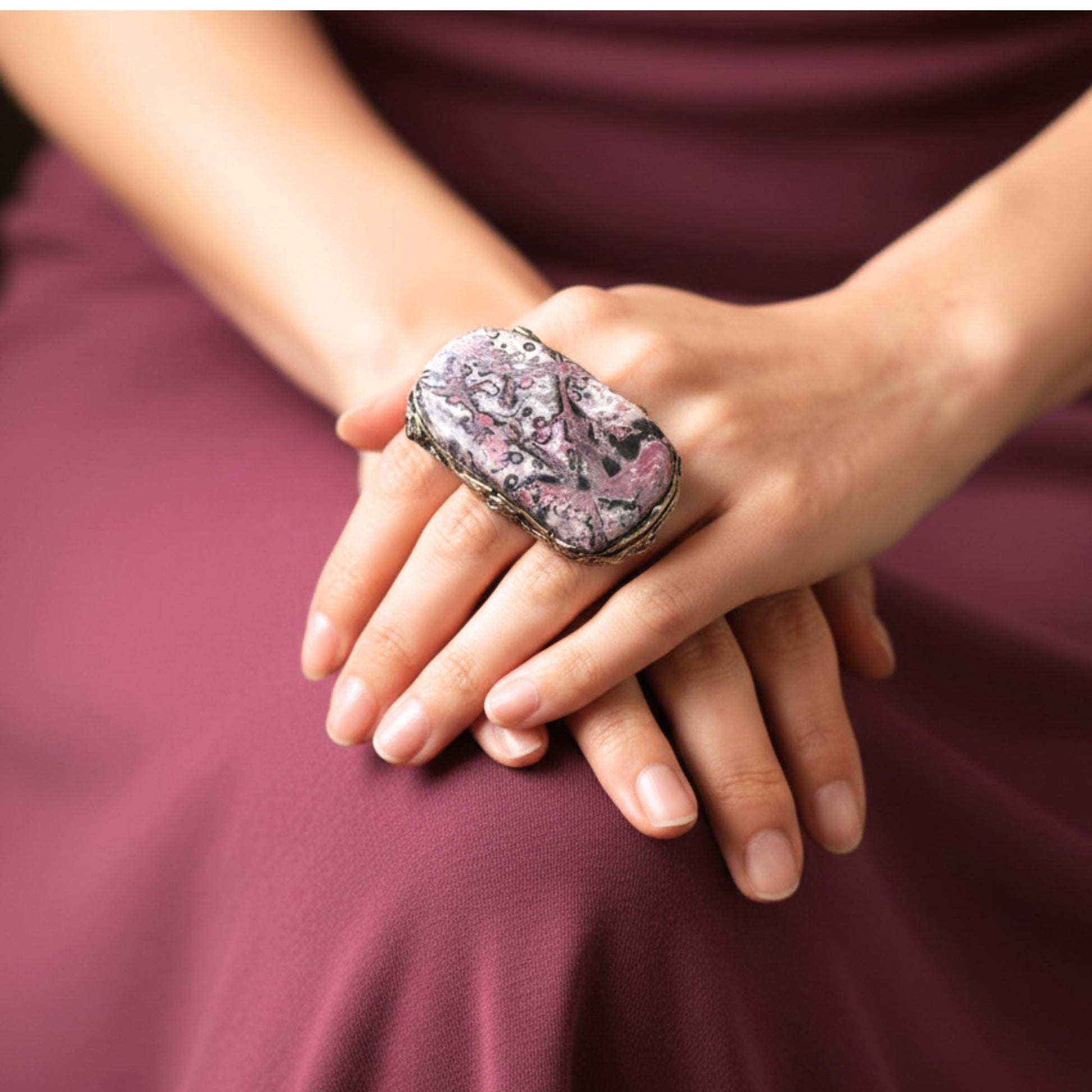 Leopard Skin Jasper Chunky Ring -  Oversized Pink Stone Cocktail Ring