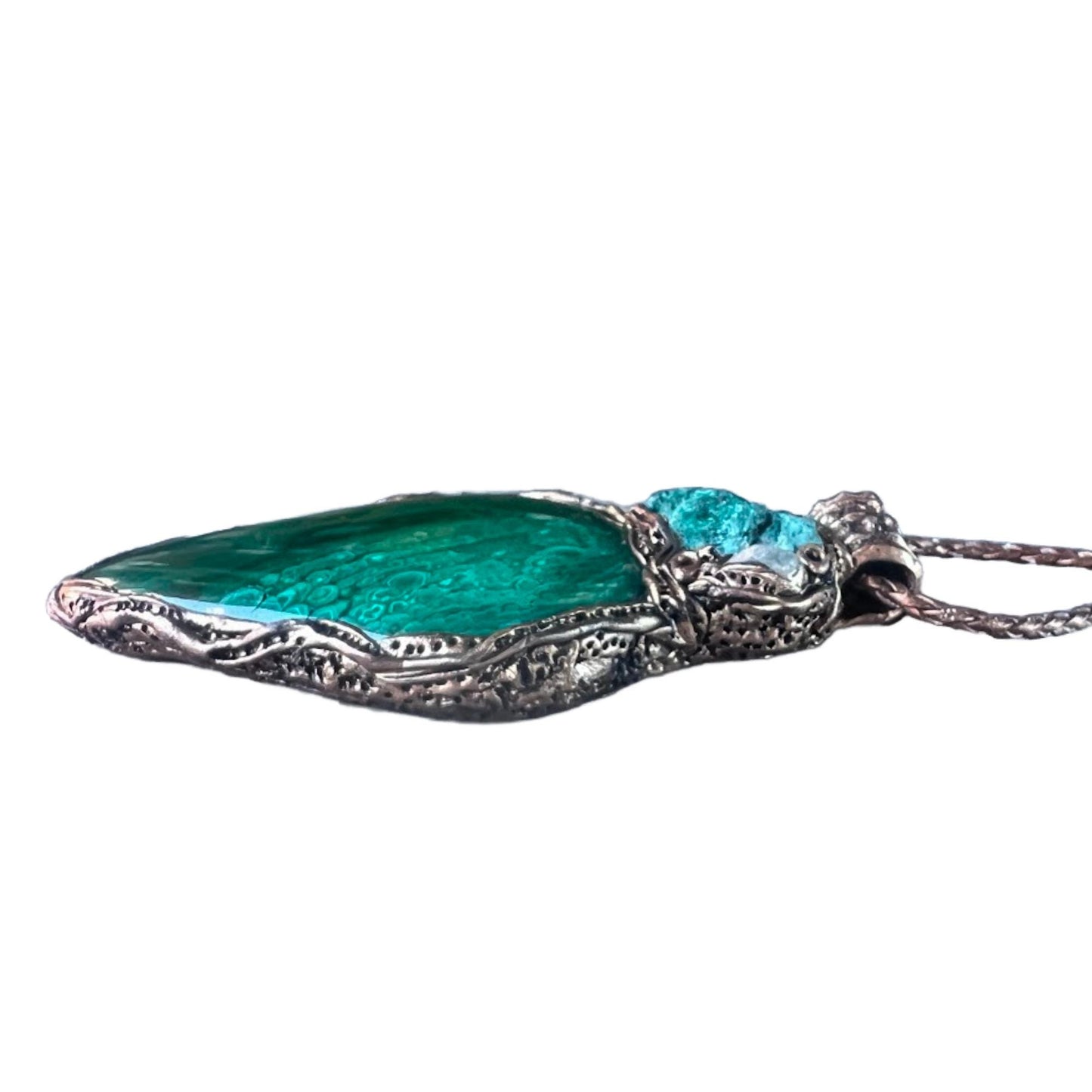 Malachite Chunky Pendant Necklace: Corduroy and Teardrop Amulet